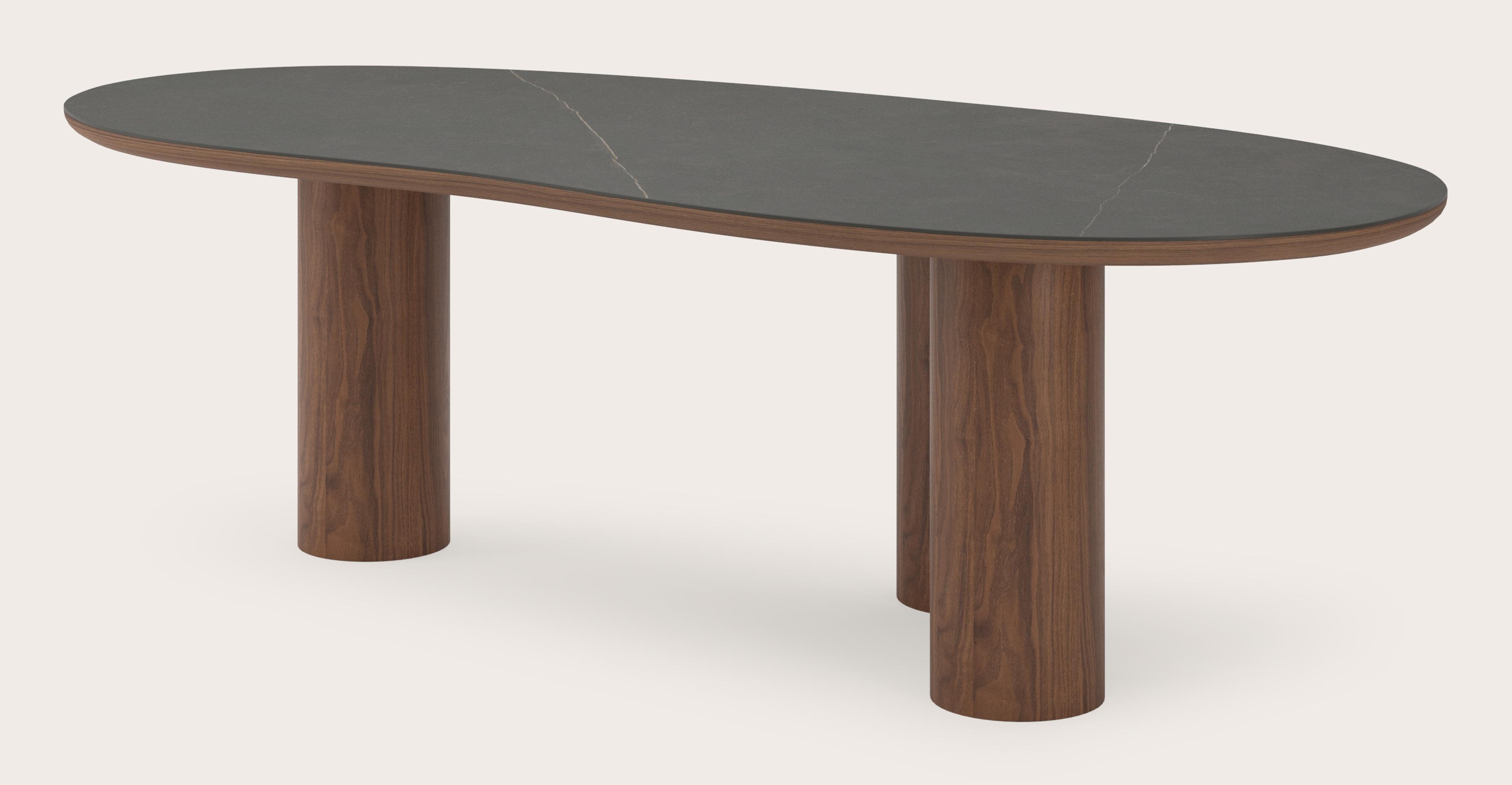 Table de salle à manger Amato Rondo armature en noyer avec plateau Ceramo forme blob en céramique en couleur Calatorao 260 x 117 x 77 cm