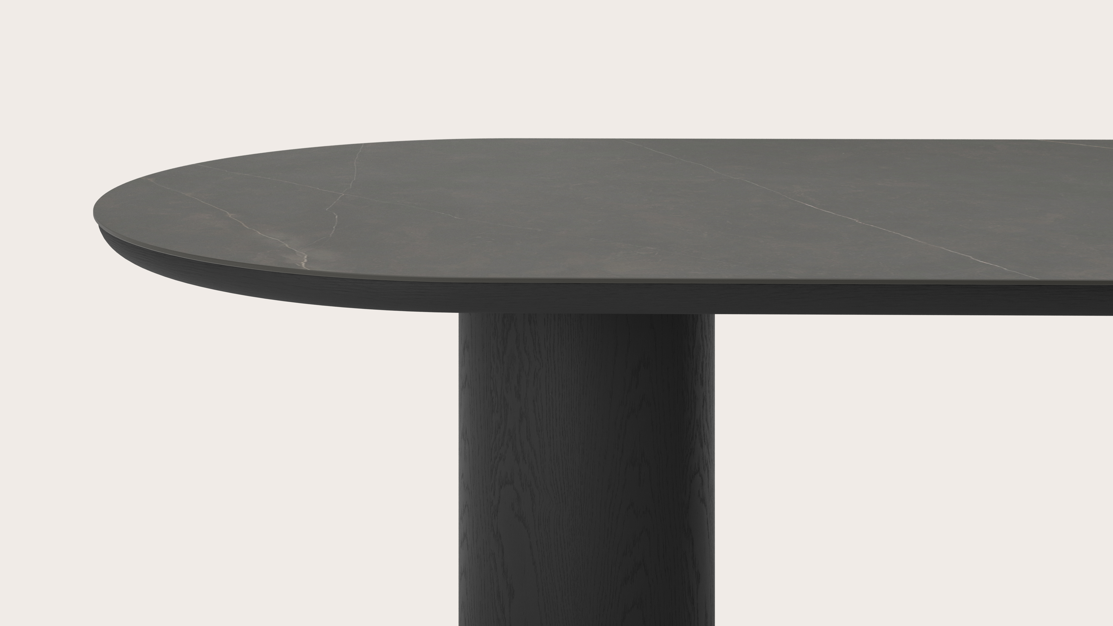 Eettafel Amato Rondo onderstel in zwarte eik met plat ovaal volkeramisch Ceramo blad in kleur Calatorao 260 x 115 x 76 cm