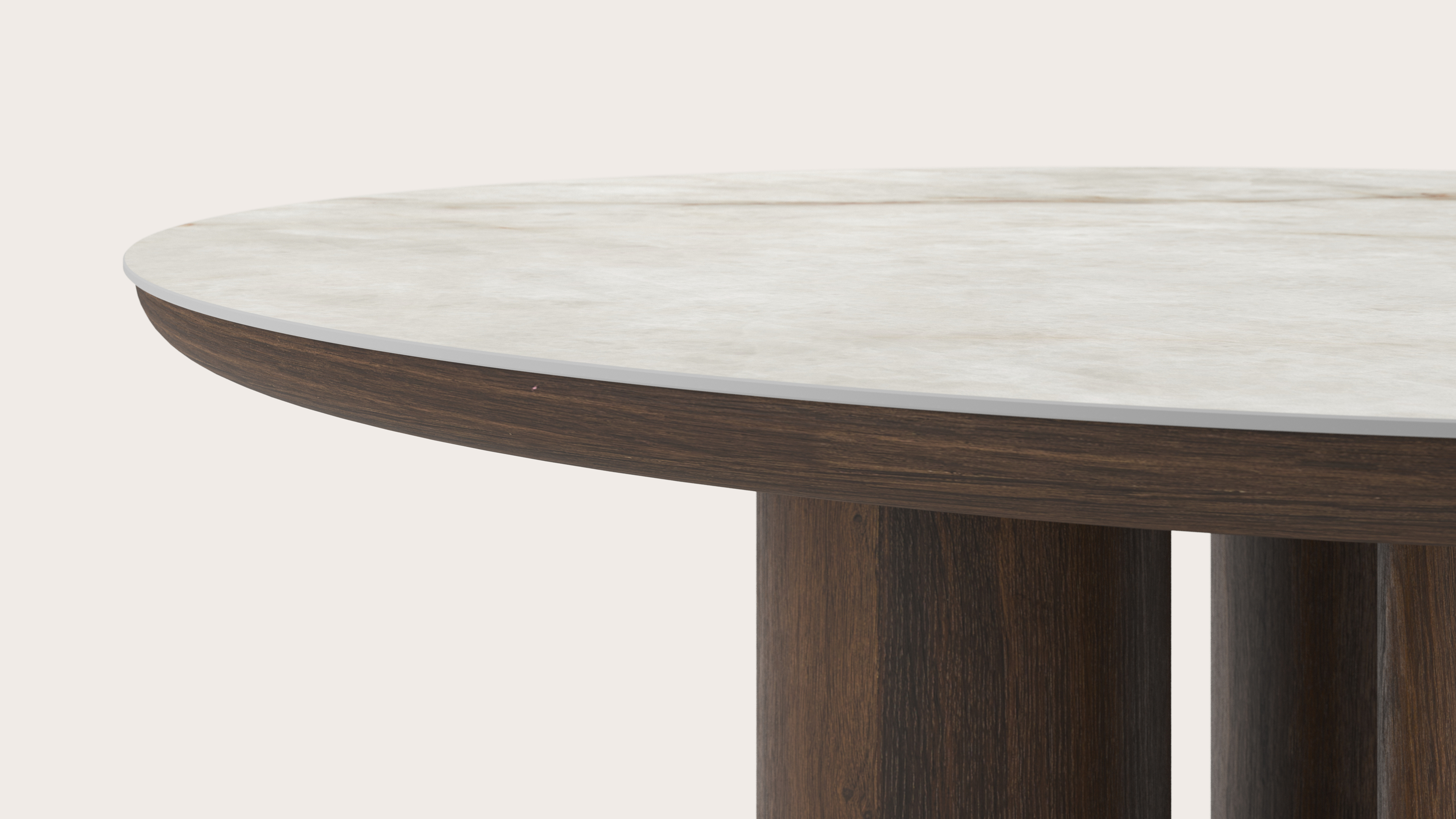 Table de salle à manger Amato Rondo armature en chêne fumé avec plateau Ceramo rond en céramique en couleur Himalaya Ø150 x 76 cm