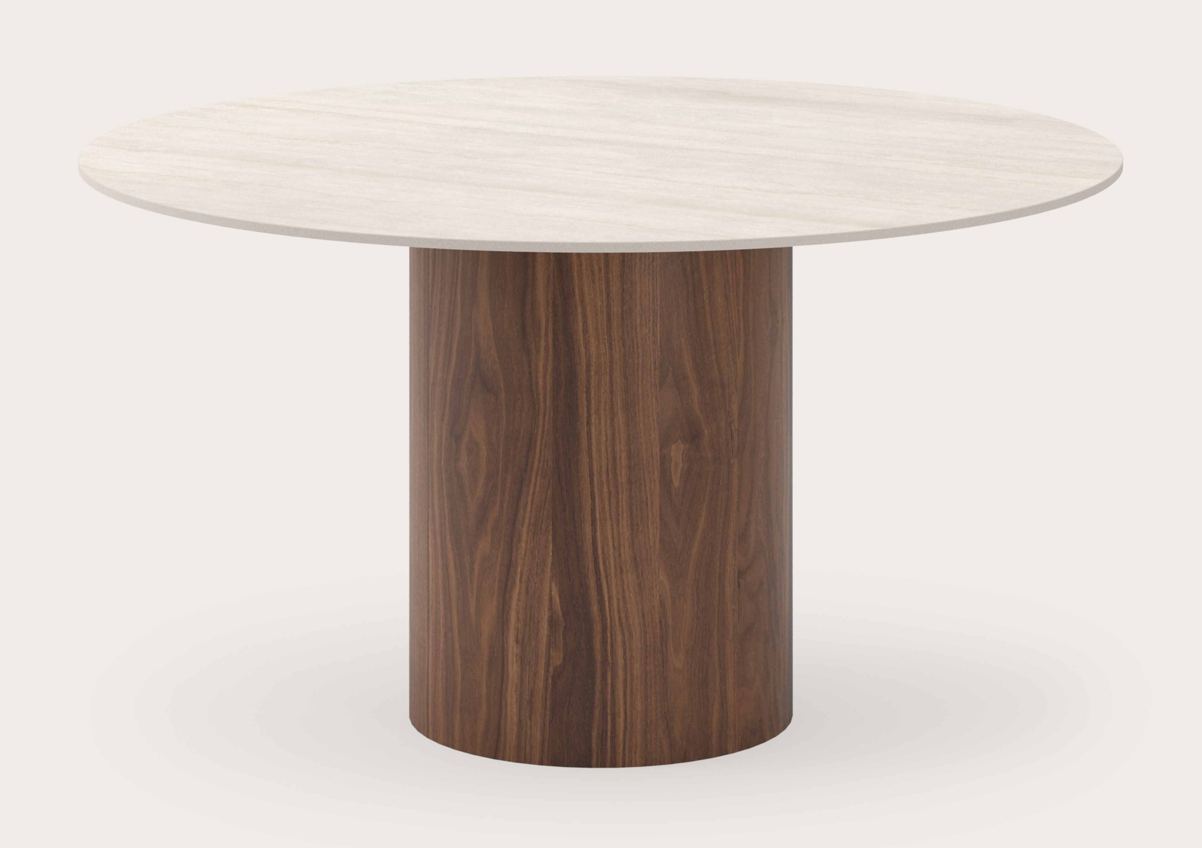 Table à manger Amato Rondo armature en noyer avec plateau ronde céramique Ceramo Lux en couleur Travertino Bianco Ø130 cm