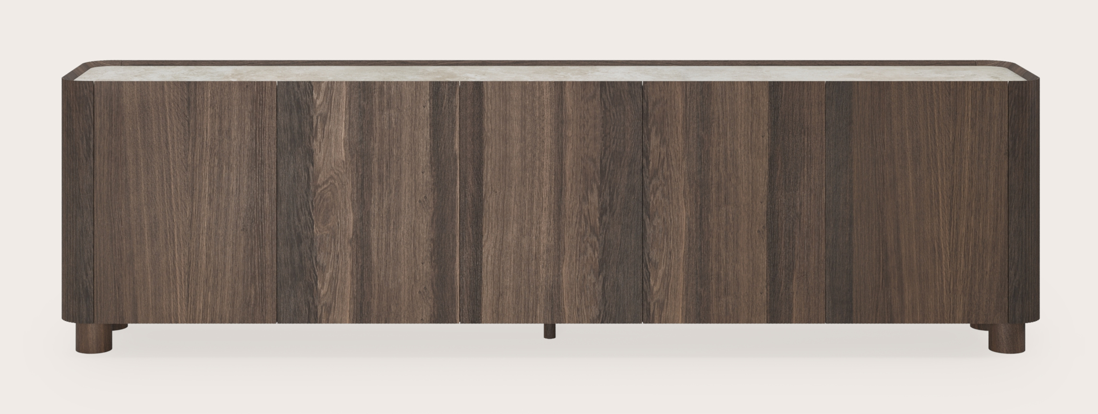 Grivato dressoir in gerookte eik met ronde poten met volkeramisch Ceramo blad in kleur Rapolano 269 x 45 cm