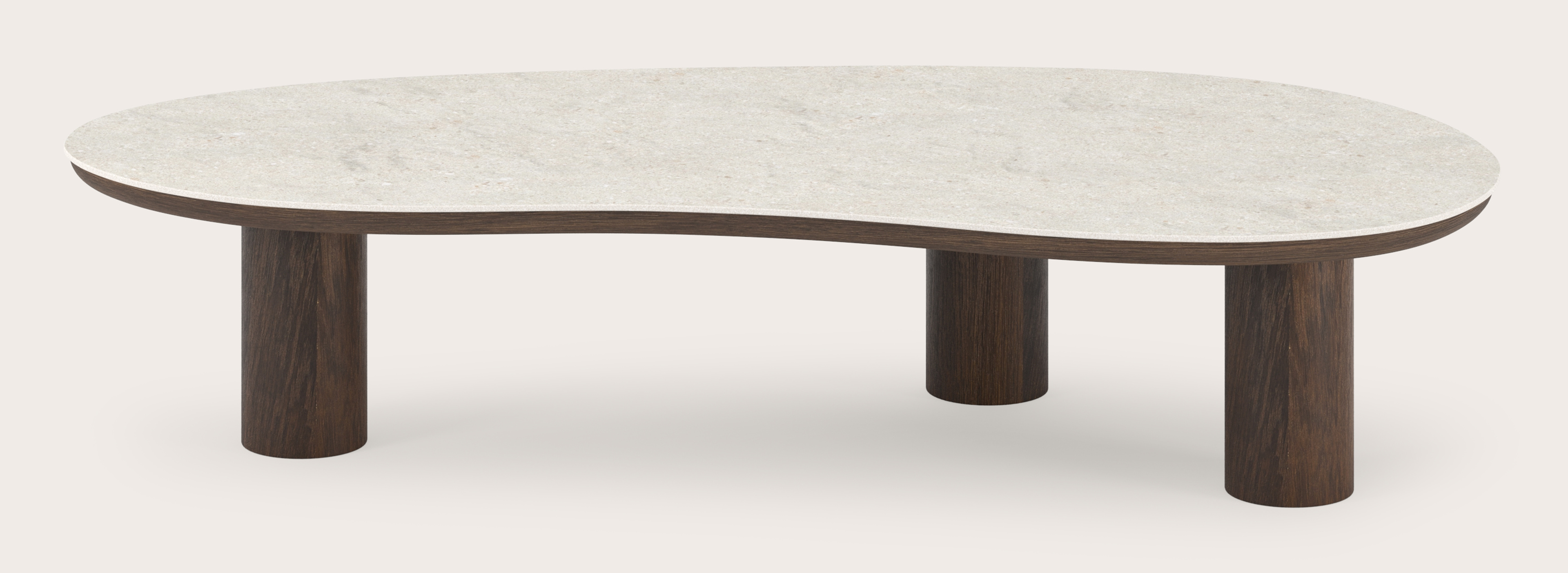 Salontafel Amato Rondo XSmall onderstel in gerookte eik met blobvormig volkeramisch Ceramo blad in kleur Shilin 135 x 68 x 29 cm