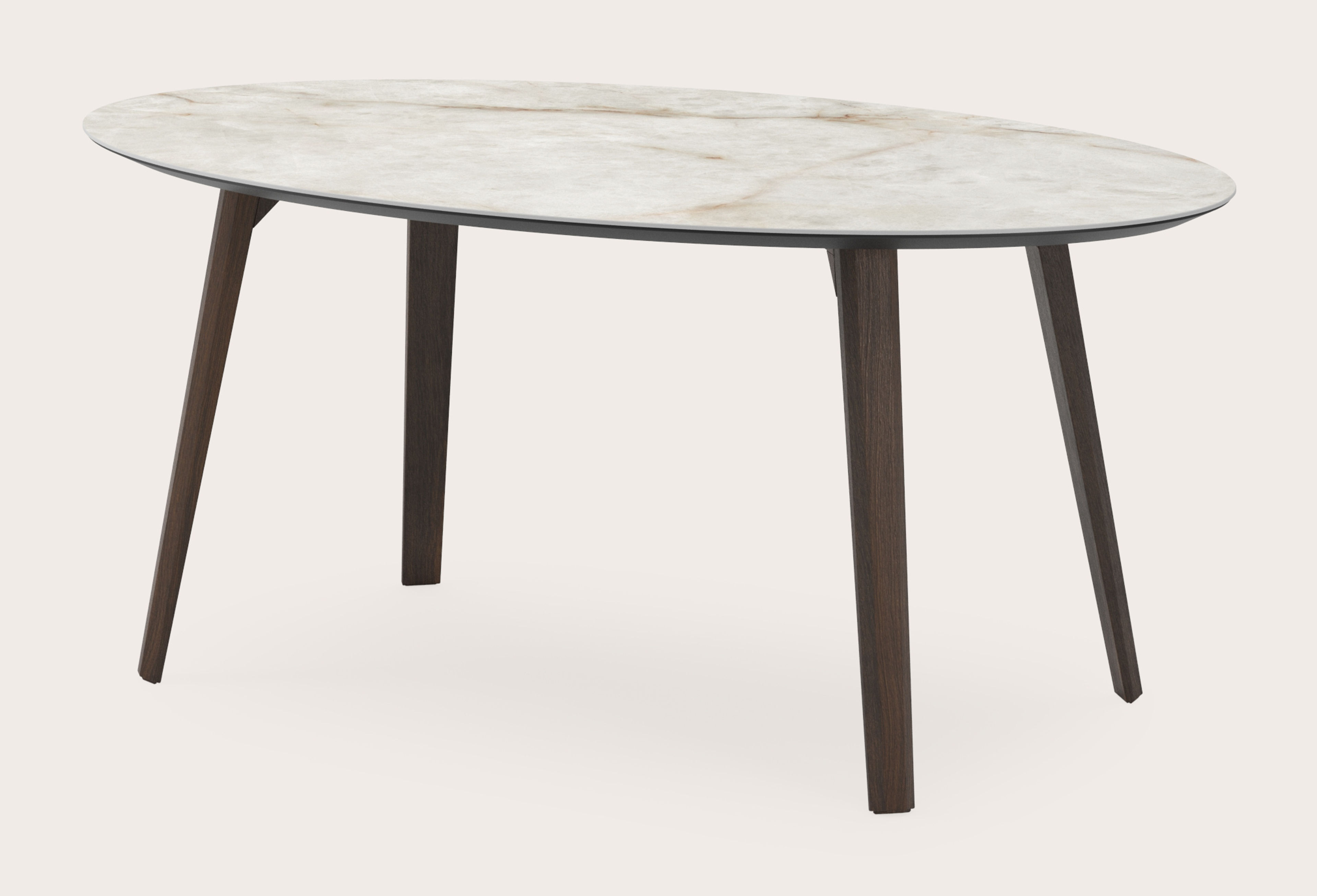 Eettafel Clino onderstel in gerookte eik met ovaal volkeramisch Ceramo blad in kleur Himalaya 180 x 110 x 77 cm