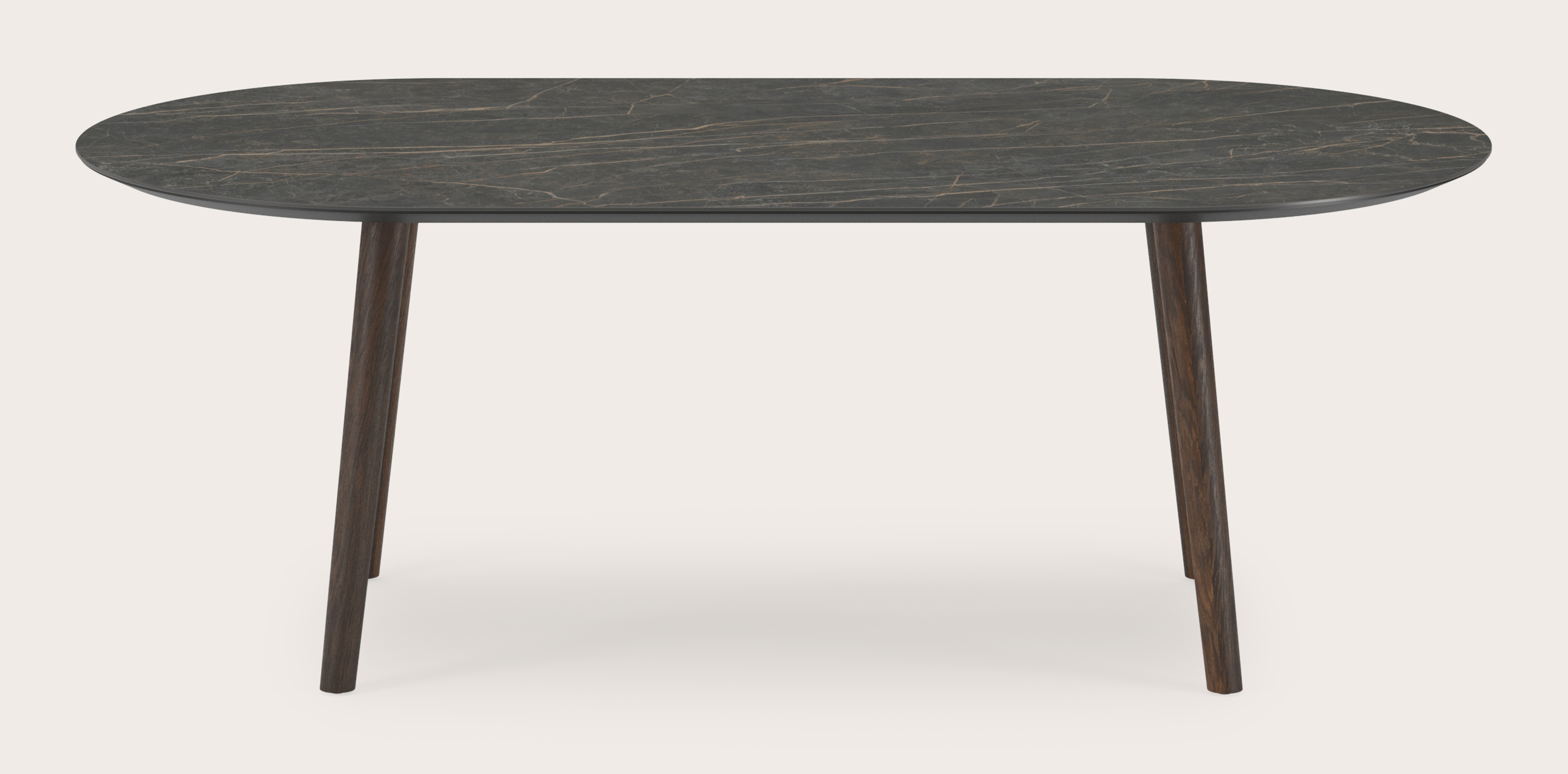 Eettafel Conico onderstel in gerookte eik met plat ovaal volkeramisch Ceramo blad in kleur Black Obsession 220 x 110 x 77 cm