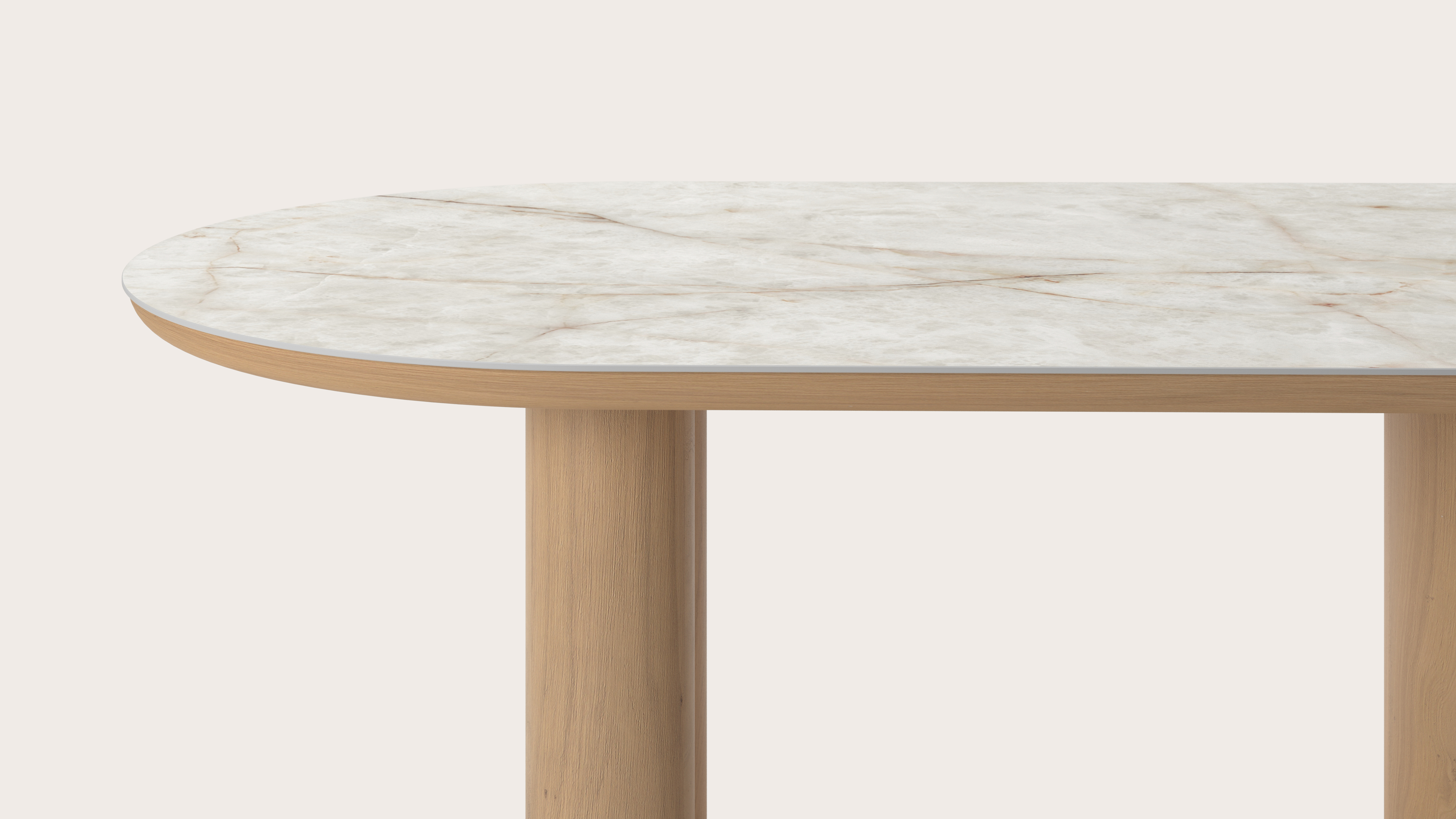 Table de salle à manger Amato Rondo armature en chêne couleur naturelleavec plateau Ceramo ovale plat en céramique en couleur Himalaya 220 x 110 x 76 cm