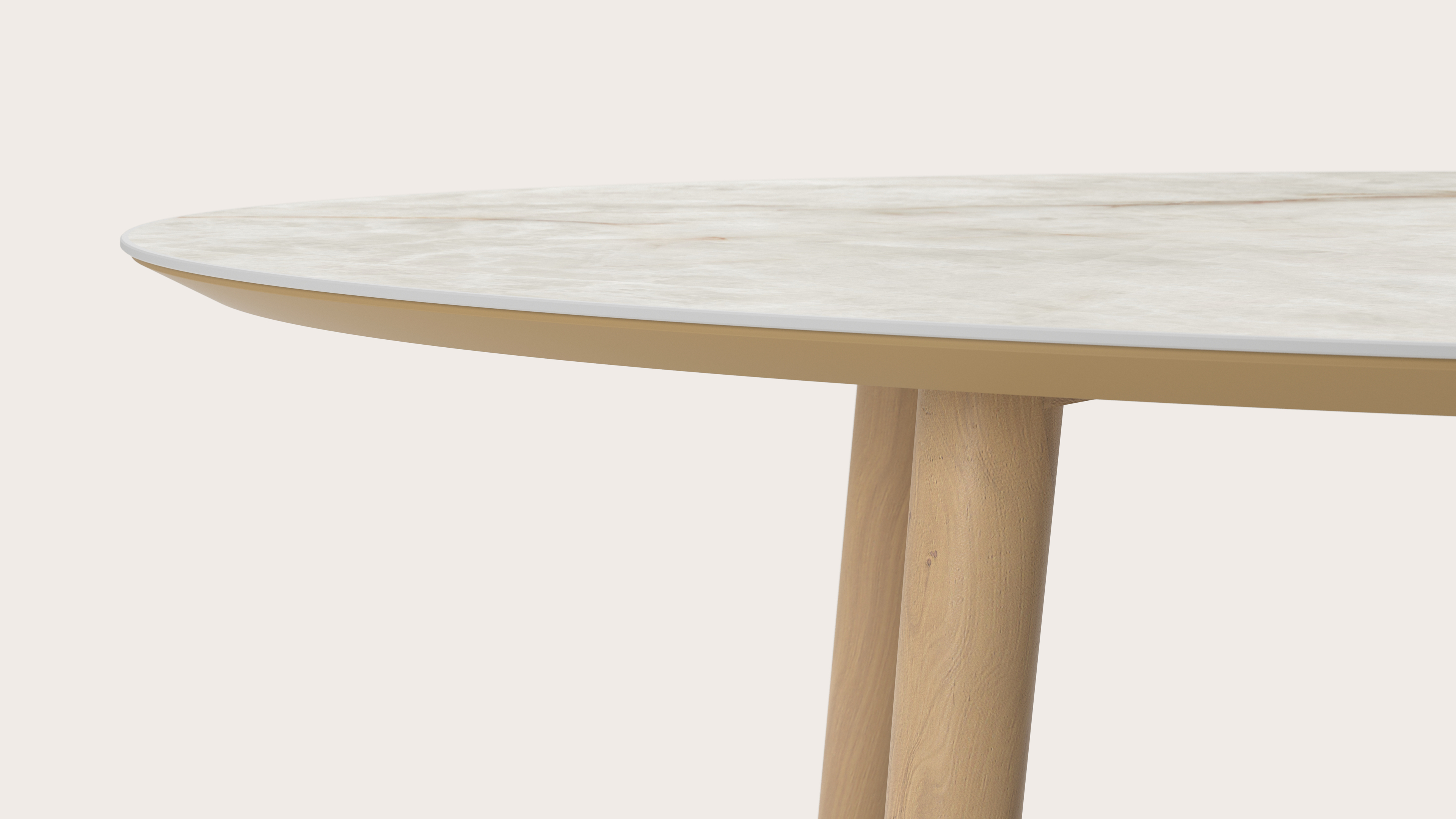 Eettafel Conico onderstel in natuurkleurige eik met ovaal volkeramisch Ceramo blad in kleur Himalaya 220 x 120 x 77 cm
