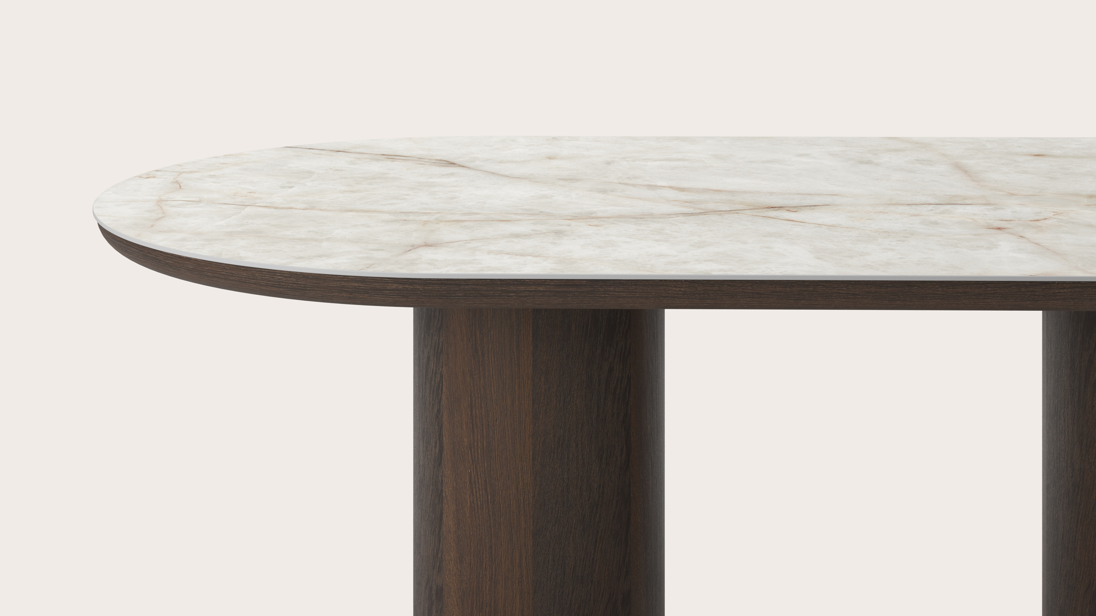 Table de salle à manger Amato Rondo armature en chêne fumé avec plateau Ceramo ovale plat en céramique en couleur Himalaya 220 x 110 x 76 cm