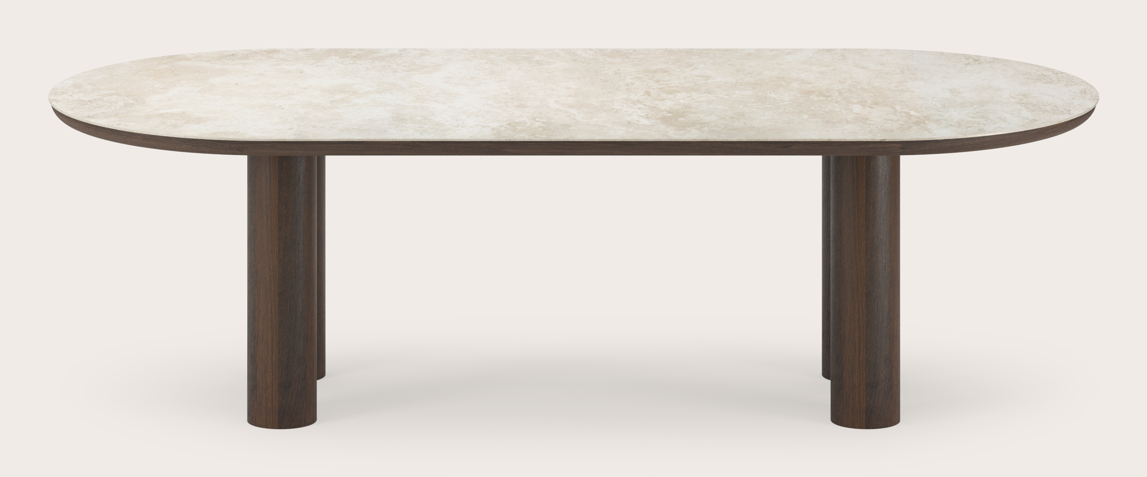Eettafel Amato Rondo onderstel in gerookte eik met plat ovaal volkeramisch Ceramo blad in kleur Rapolano 260 x 115 x 76 cm