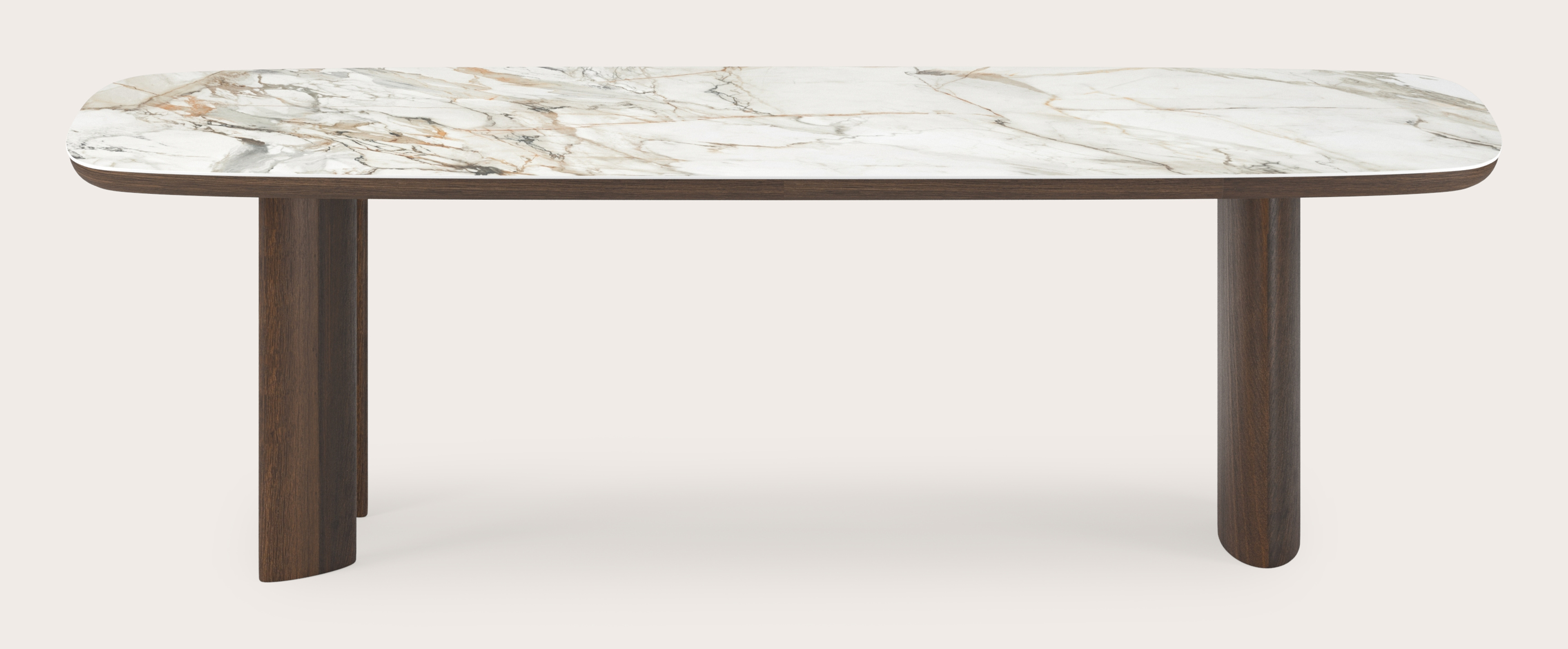 Table de salle à manger Amato Ellipso armature en chêne fumé avec plateau Ceramo forme arrondie en céramique en couleur Calacatta Luxe 260 x 110 x 76 cm