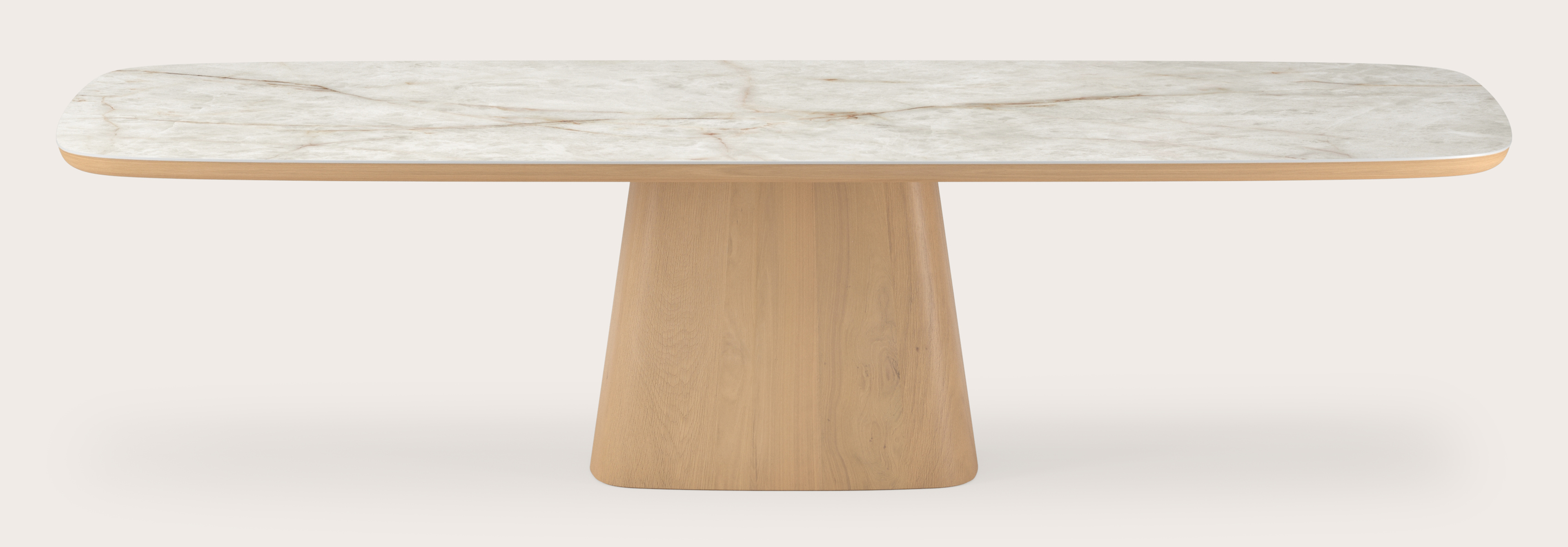 Eettafel Amato Cuadro onderstel in natuurkleurige eik met Bootvormig volkeramisch Ceramo blad in kleur Himalaya 300 x 115 x 77 cm