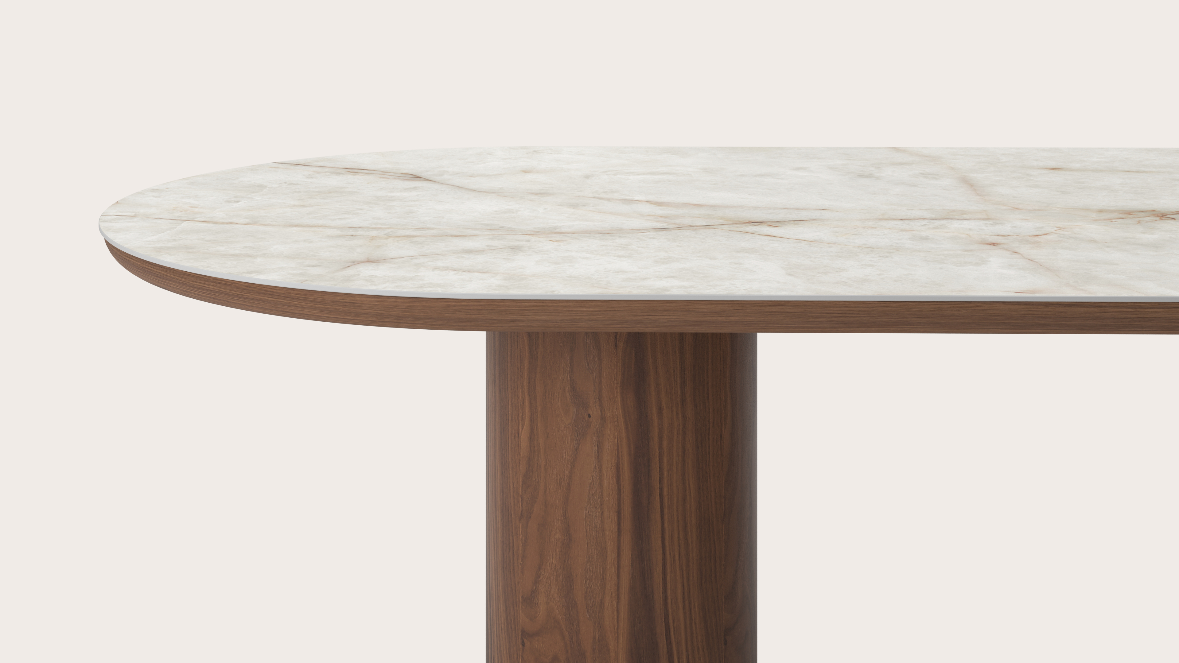 Eettafel Amato Rondo onderstel in walnoot met plat ovaal volkeramisch Ceramo blad in kleur Himalaya 260 x 115 x 76 cm