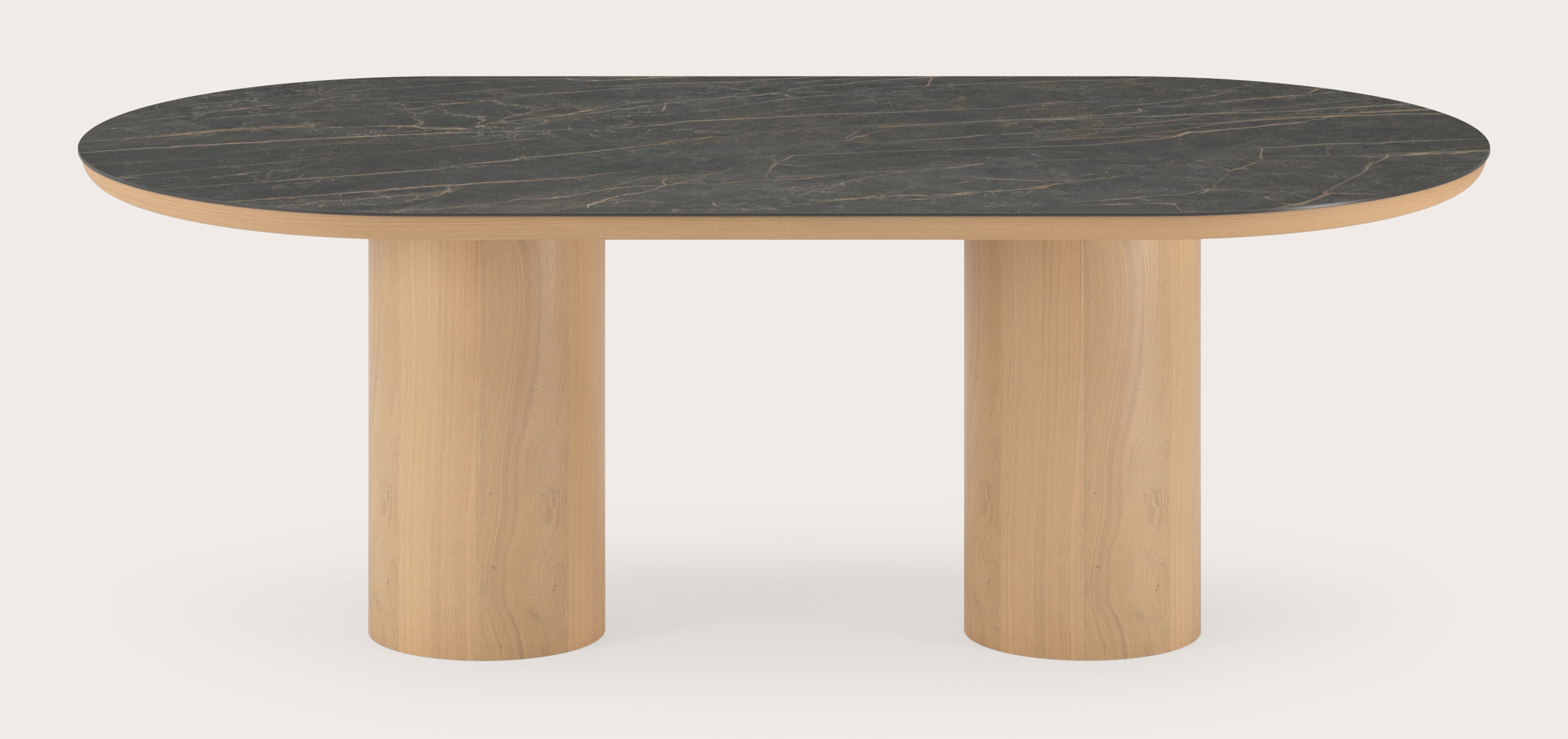 Table de salle à manger Amato Rondo armature en chêne couleur naturelleavec plateau Ceramo ovale plat en céramique en couleur Black Obsession 220 x 110 x 76 cm