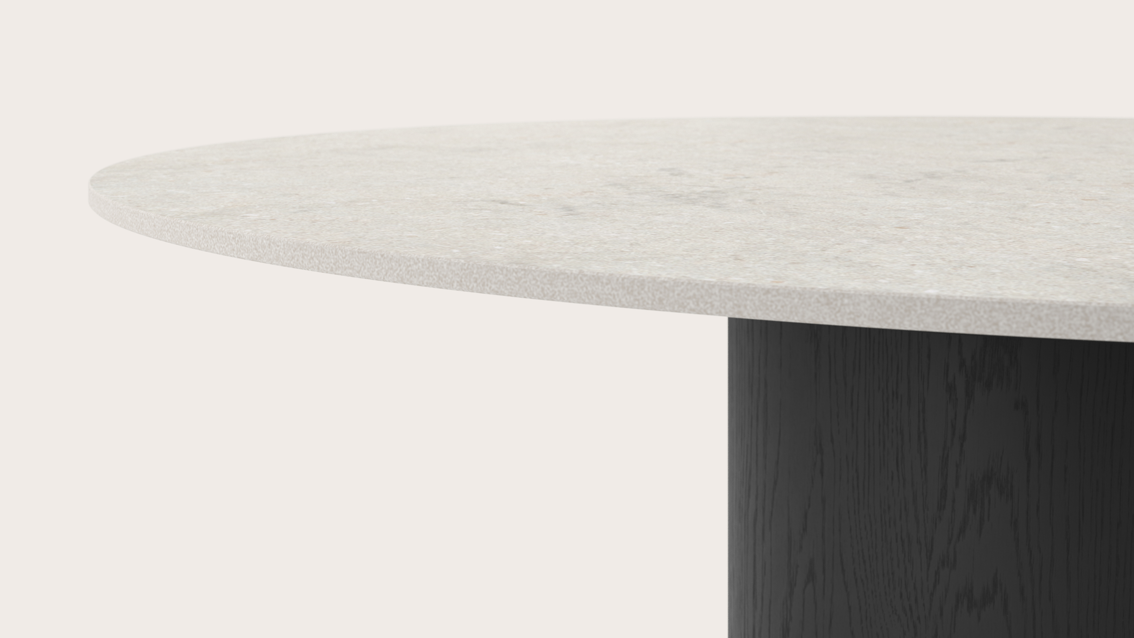 Eettafel low dining Amato Rondo onderstel in zwarte eik met rond volkeramisch Ceramo Lux blad in kleur Shilin Ø130 x 69 cm