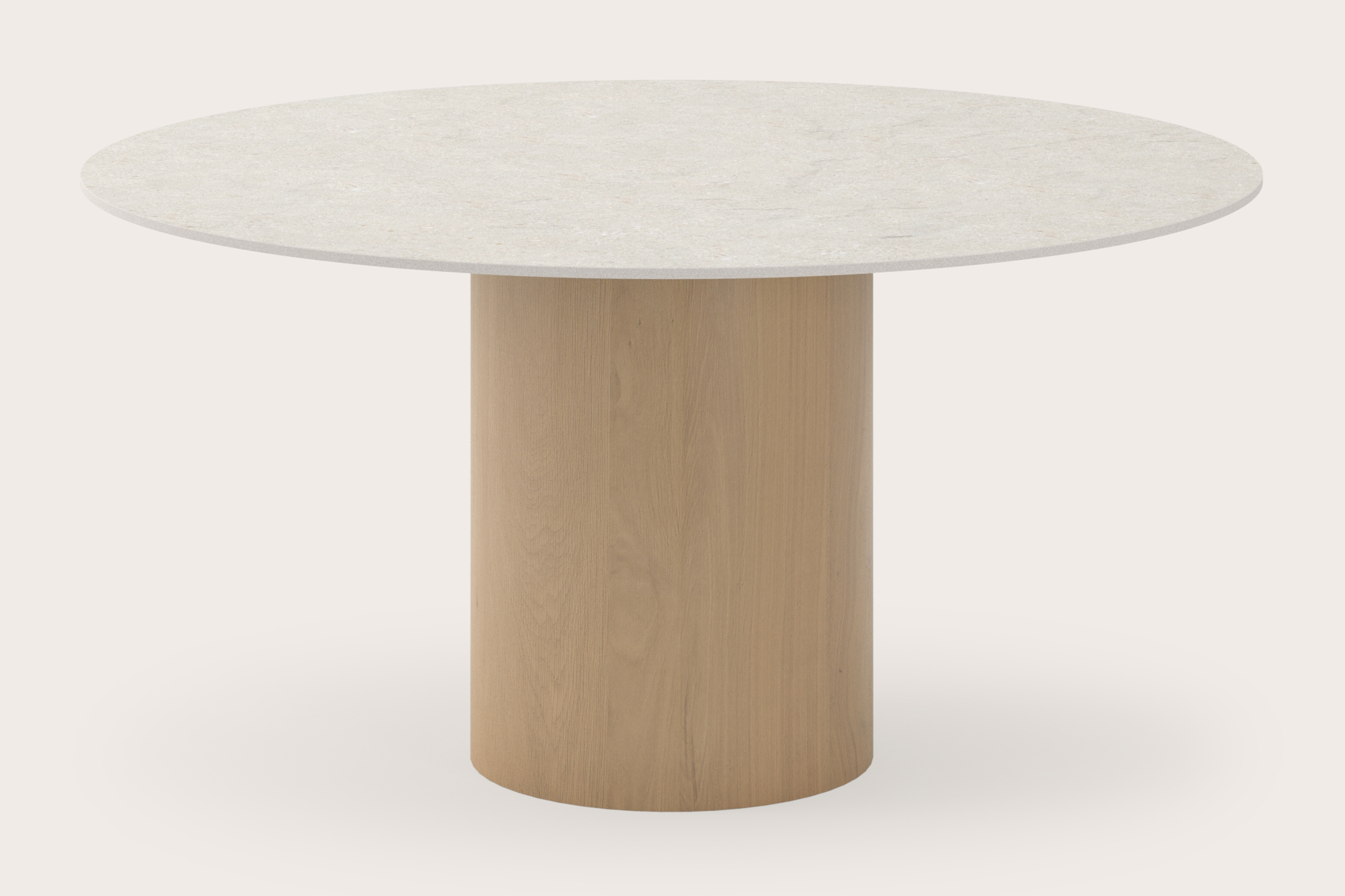 Eettafel low dining Amato Rondo onderstel in natuurkleurige eik met rond volkeramisch Ceramo Lux blad in kleur Shilin Ø140 x 69 cm
