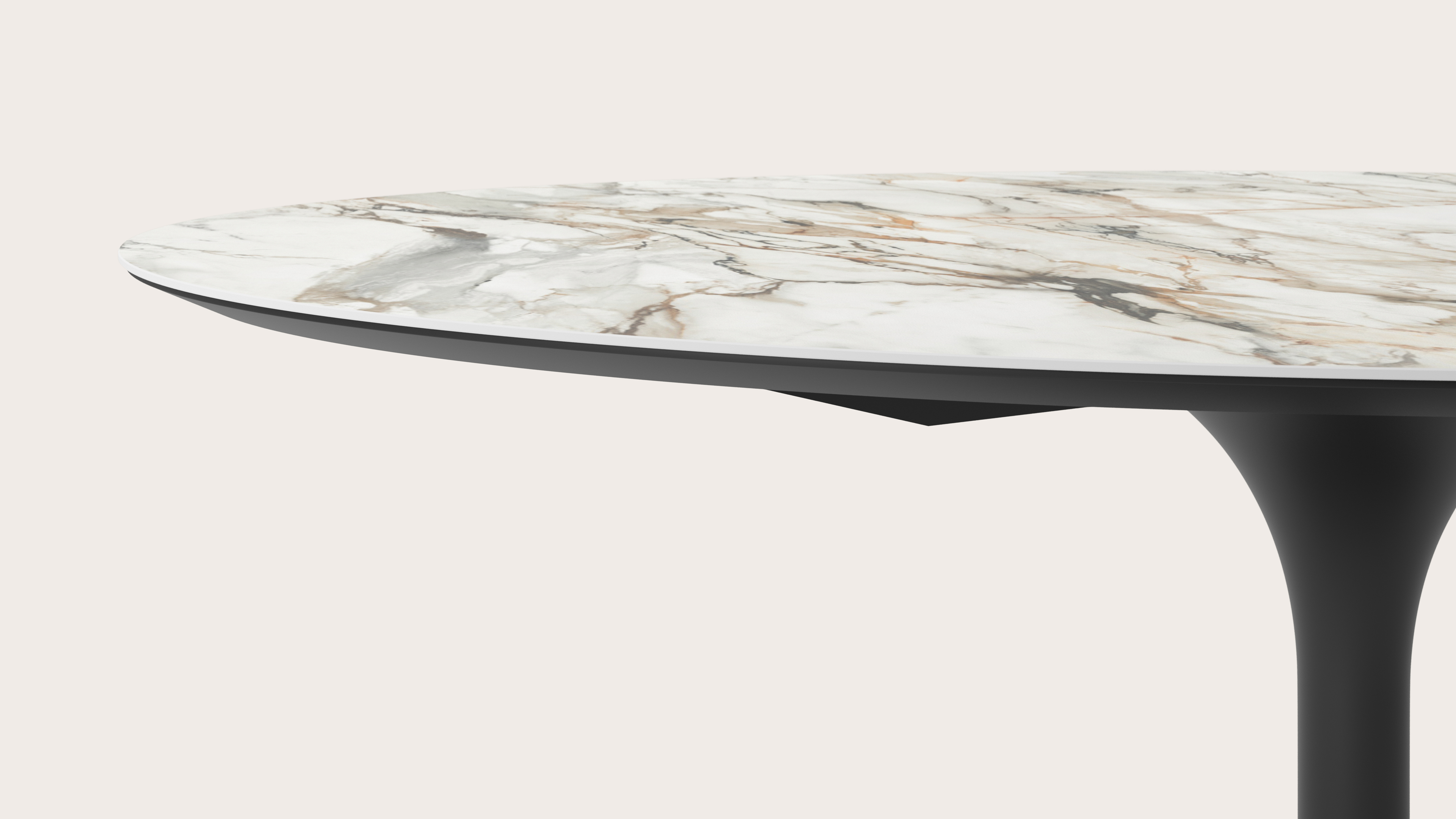 Table de salle à manger Tulipo armature en métal noir avec plateau Ceramo ovale en céramique en couleur Calacatta Luxe 180 x 110 x 77 cm