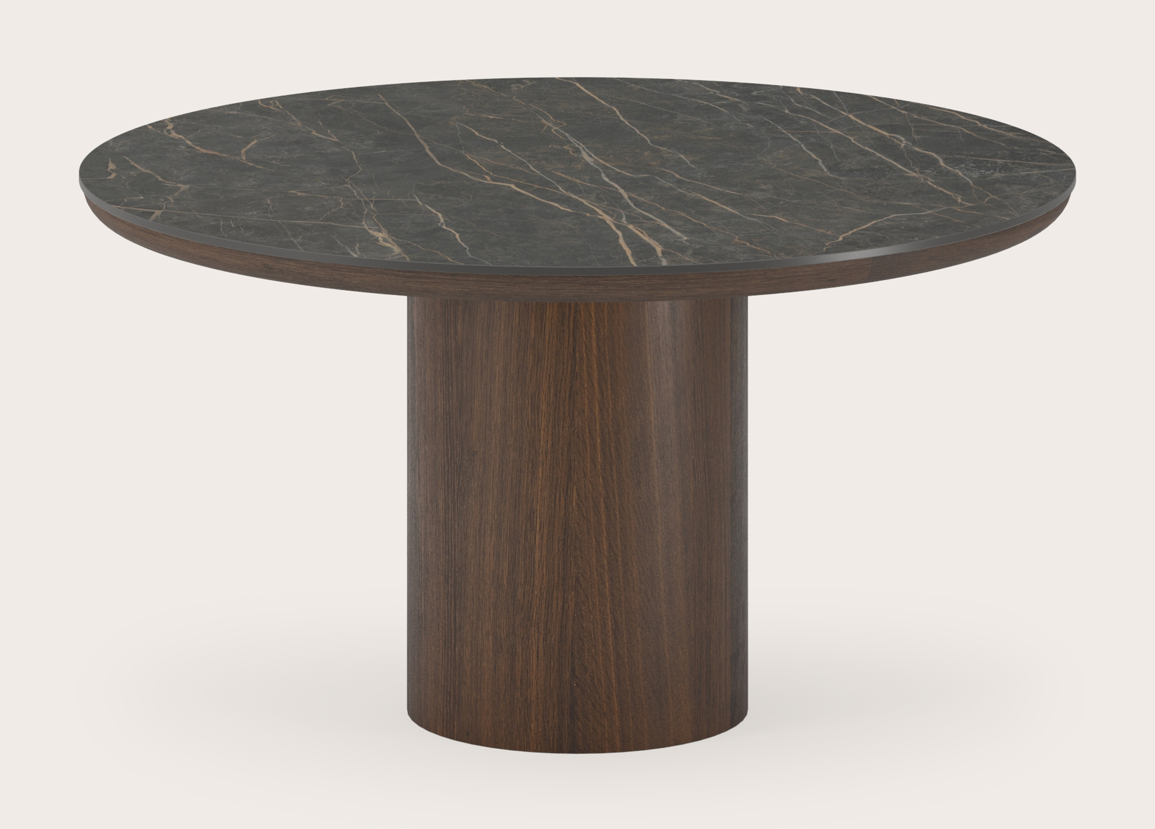 Table de salle à manger Amato Rondo armature en chêne fumé avec plateau Ceramo rond en céramique en couleur Black Obsession Ø140 x 76 cm