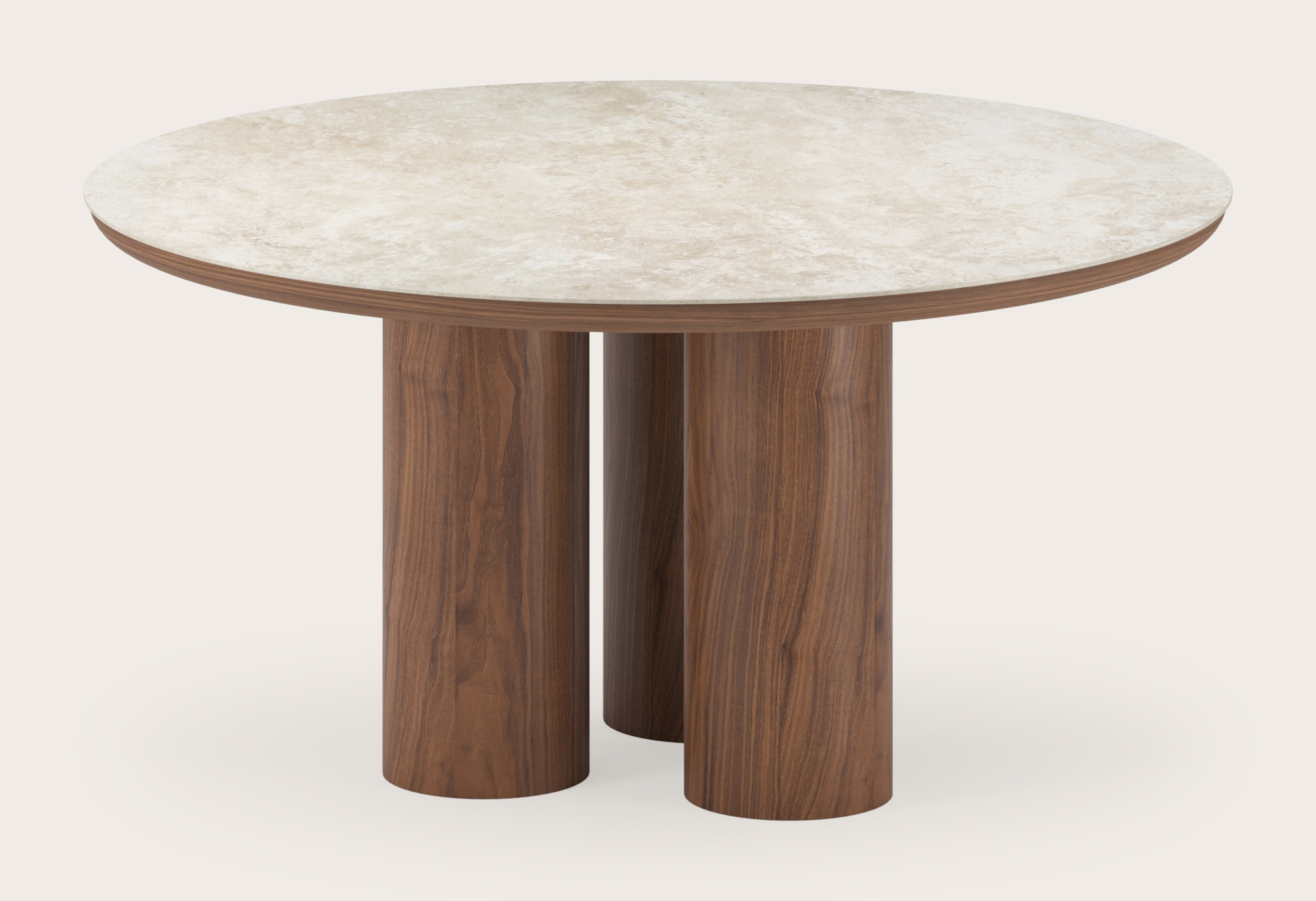 Eettafel Amato Rondo onderstel in walnoot met rond volkeramisch Ceramo blad in kleur Rapolano Ø150 x 76 cm