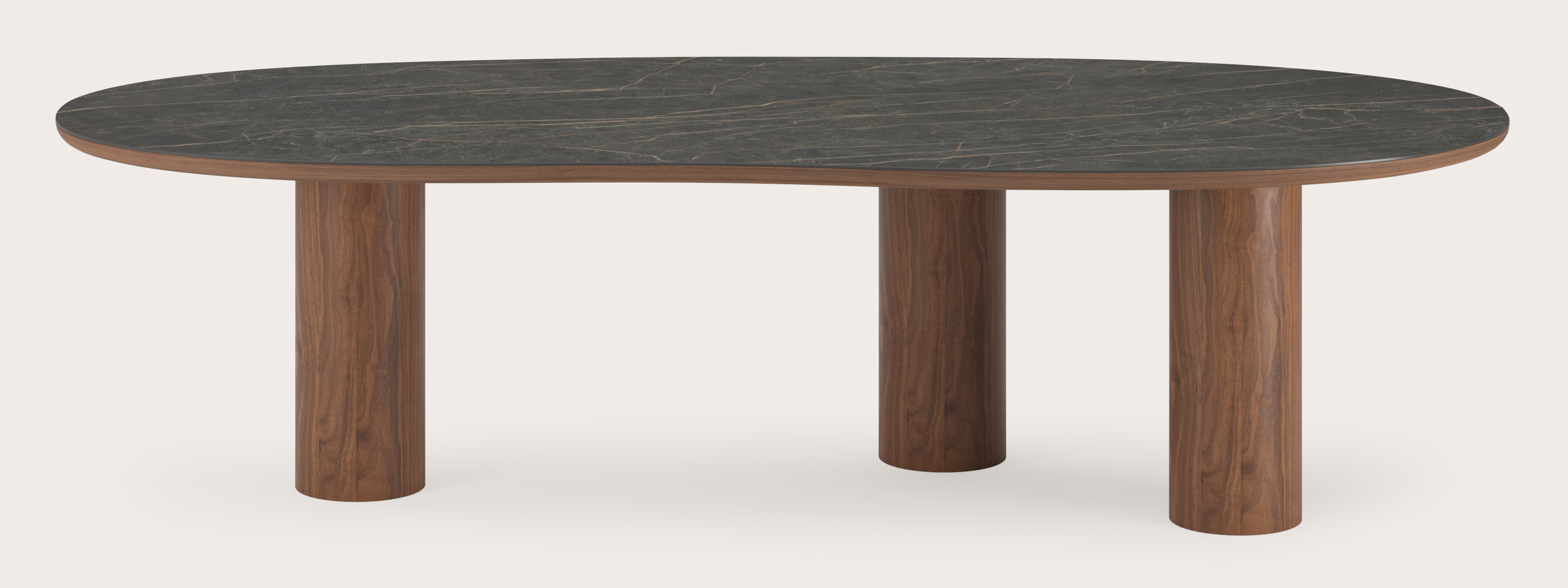 Eettafel Amato Rondo onderstel in walnoot met Blobvormig volkeramisch Ceramo blad in kleur Black Obsession 300 x 122 x 77 cm