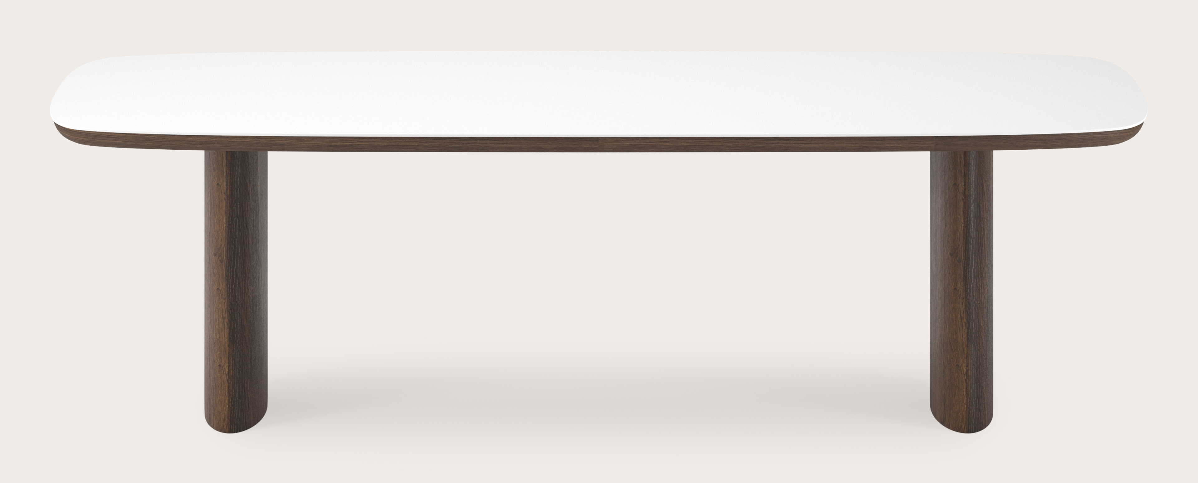 Table de salle à manger Amato Ellipso armature en chêne fumé avec plateau Ceramo forme arrondie en céramique en couleur Arctic White 260 x 110 x 76 cm