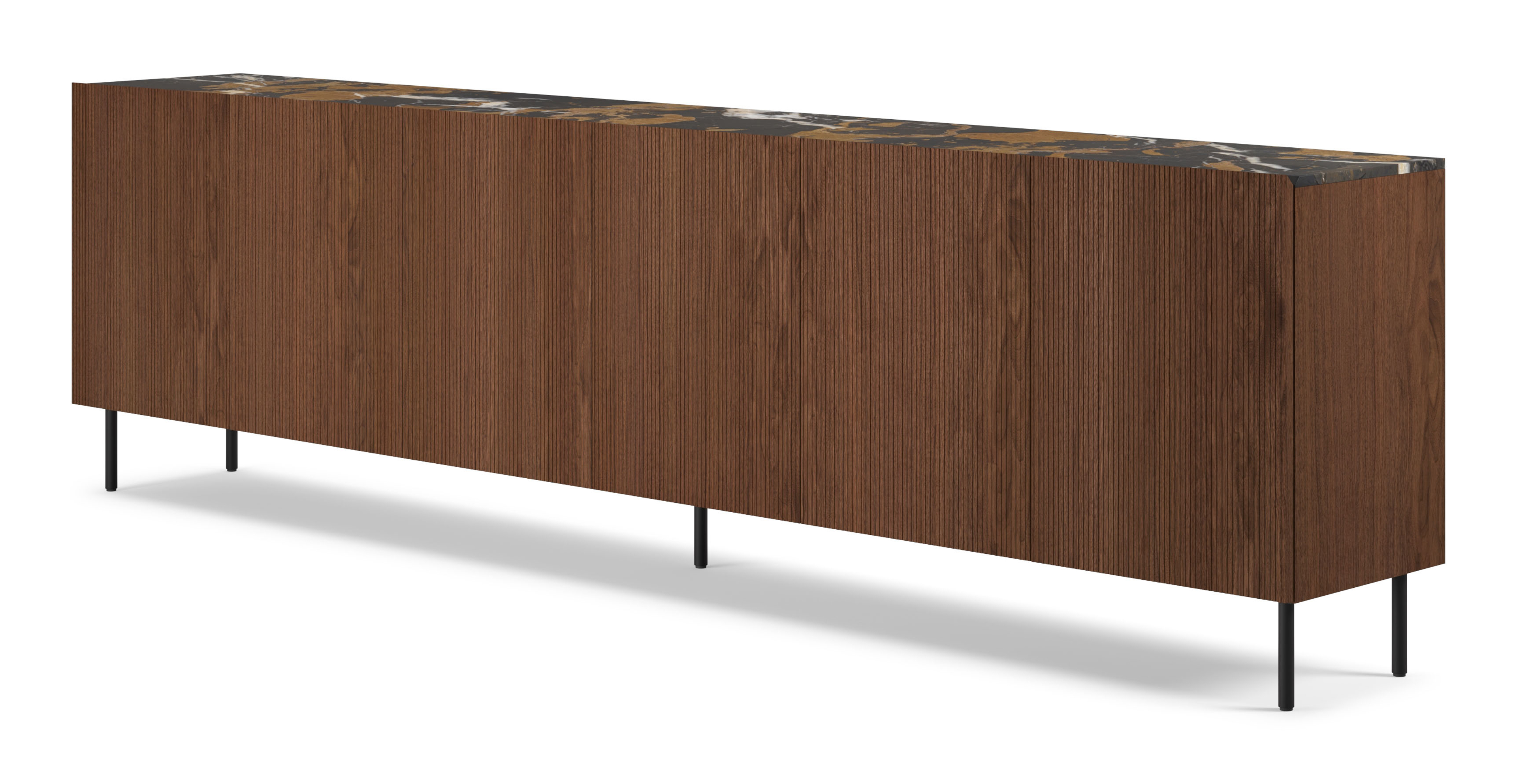 Buffet Grivolo en noyer avec pieds ronds avec plateau Pietro en marbre couleur Portoro Brown 299 x 45 cm