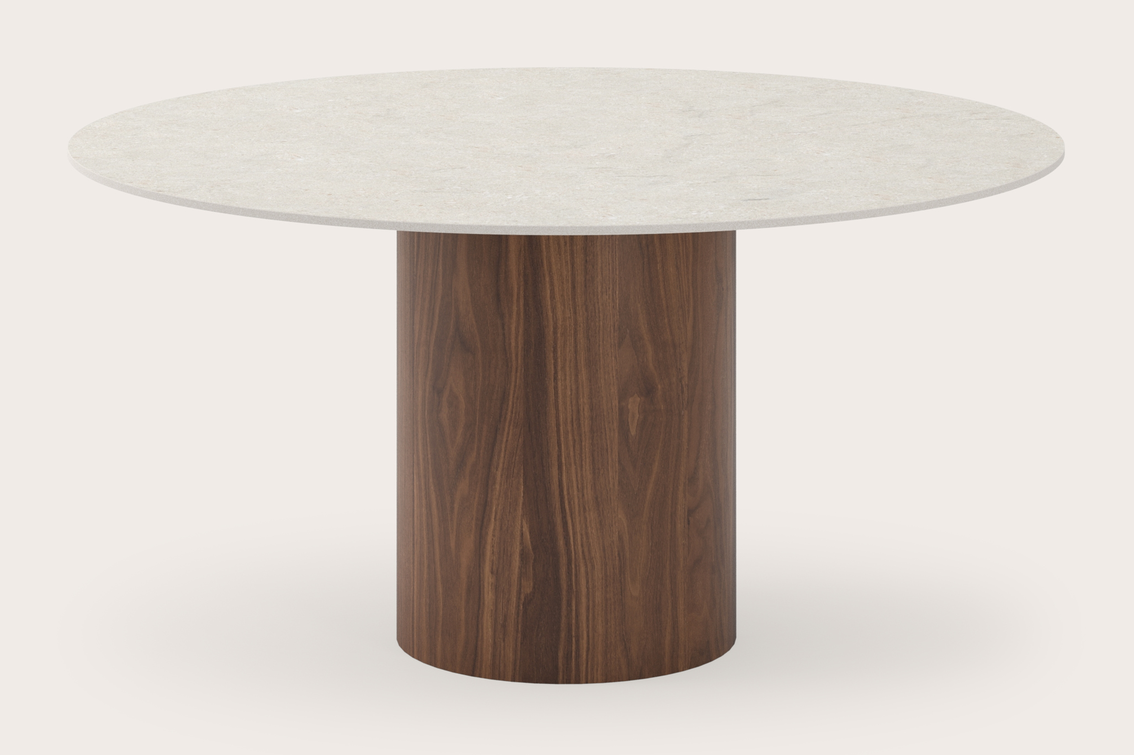 Eettafel low dining Amato Rondo onderstel in walnoot met rond volkeramisch Ceramo Lux blad in kleur Shilin Ø140 x 69 cm