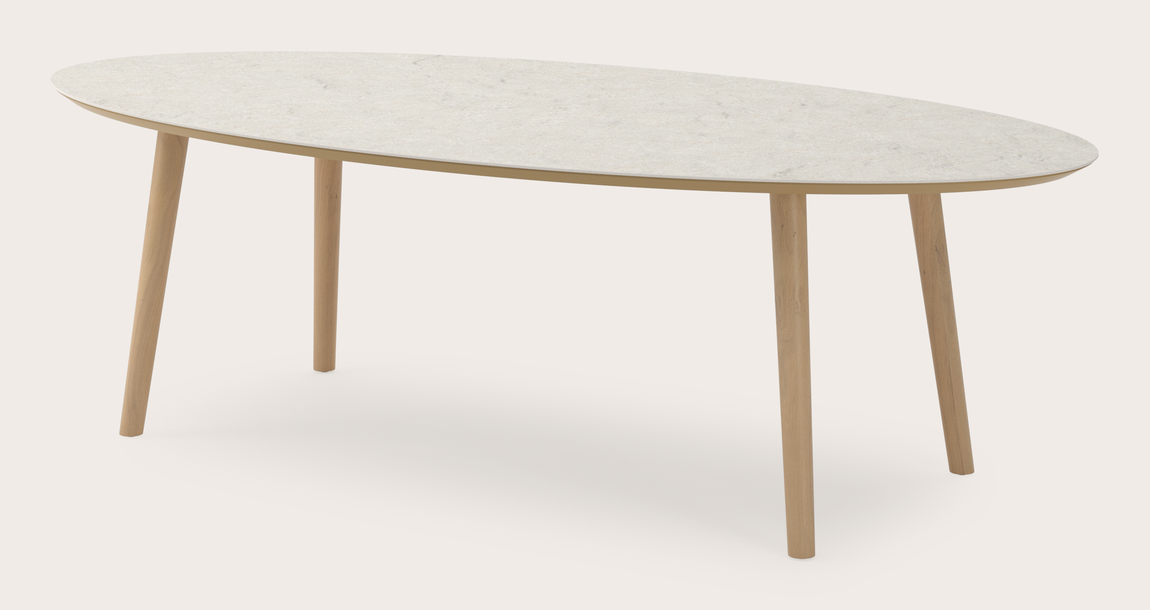 Table de salle à manger Conico armature en chêne couleur naturelle avec plateau Ceramo ovale en céramique en couleur Shilin 260 x 130 x 77 cm