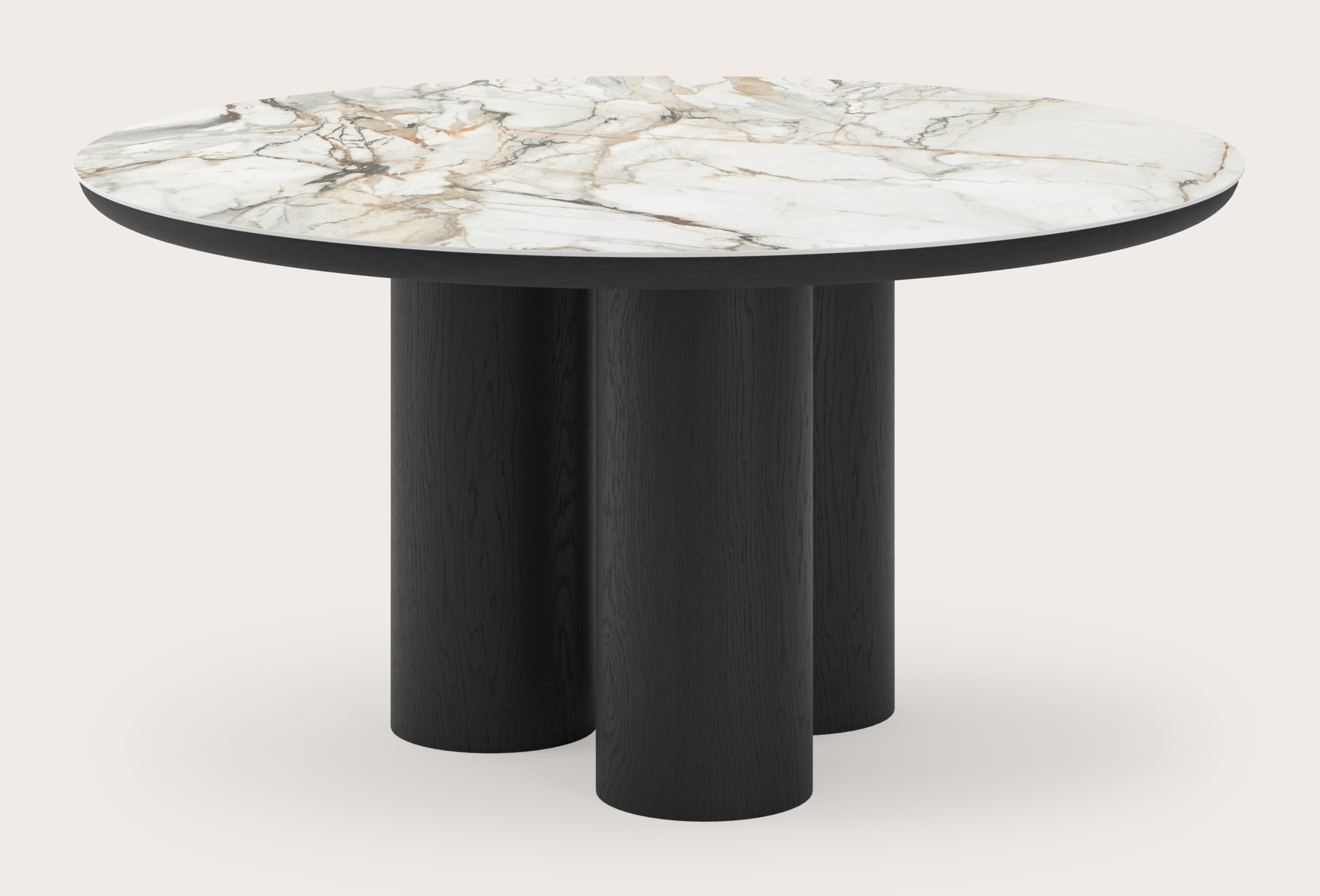 Eettafel Amato Rondo onderstel in zwarte eik met rond volkeramisch Ceramo blad in kleur Calacatta Luxe Ø150 x 76 cm