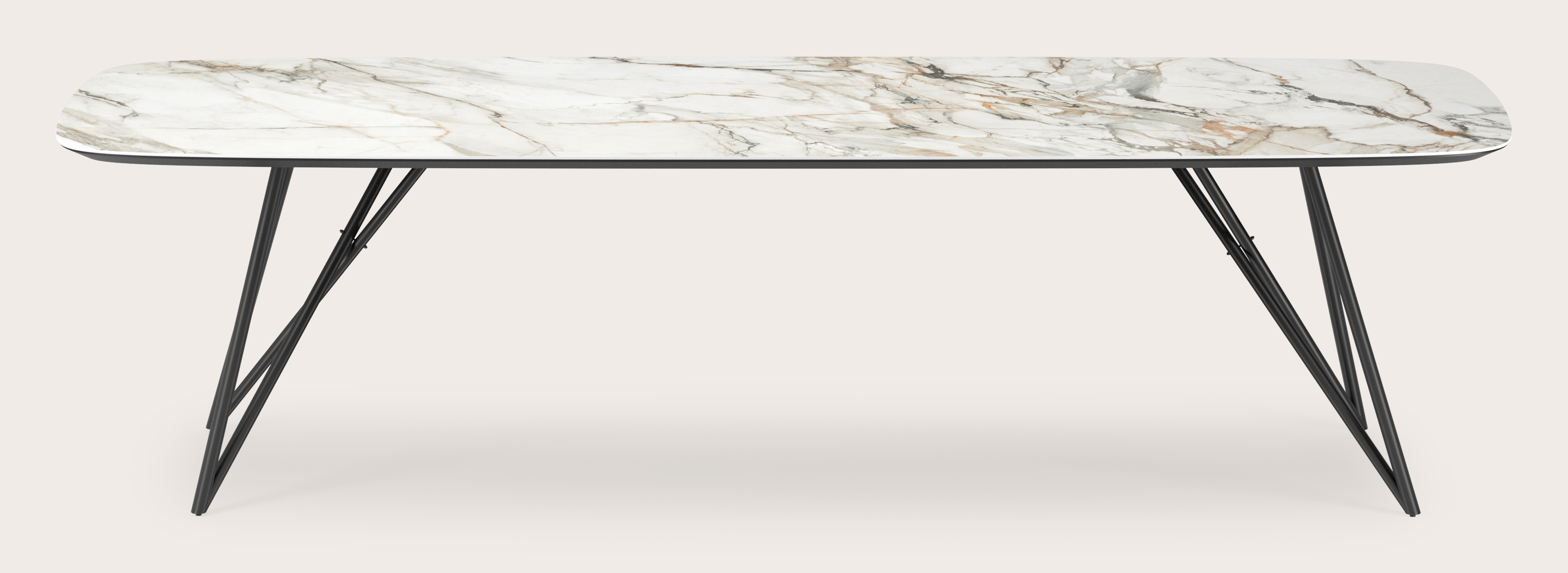 Eettafel Ragno onderstel in zwart metaal met bootvormig volkeramisch Ceramo blad in kleur Calacatta Luxe  300 x 115 x 77 cm