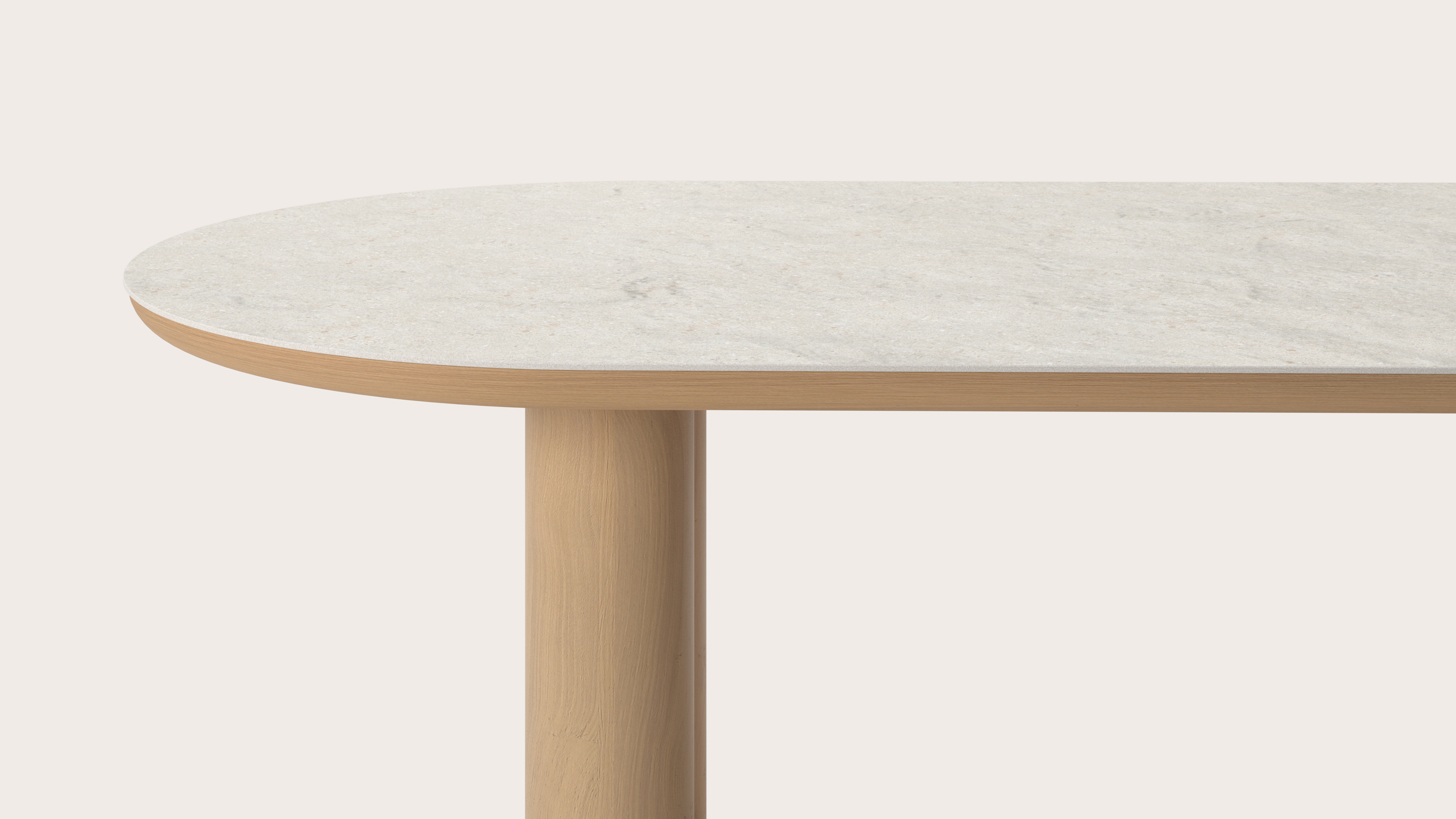 Eettafel Amato Rondo onderstel in natuurkleurige eik met plat ovaal volkeramisch Ceramo blad in kleur Shilin 220 x 110 x 76 cm