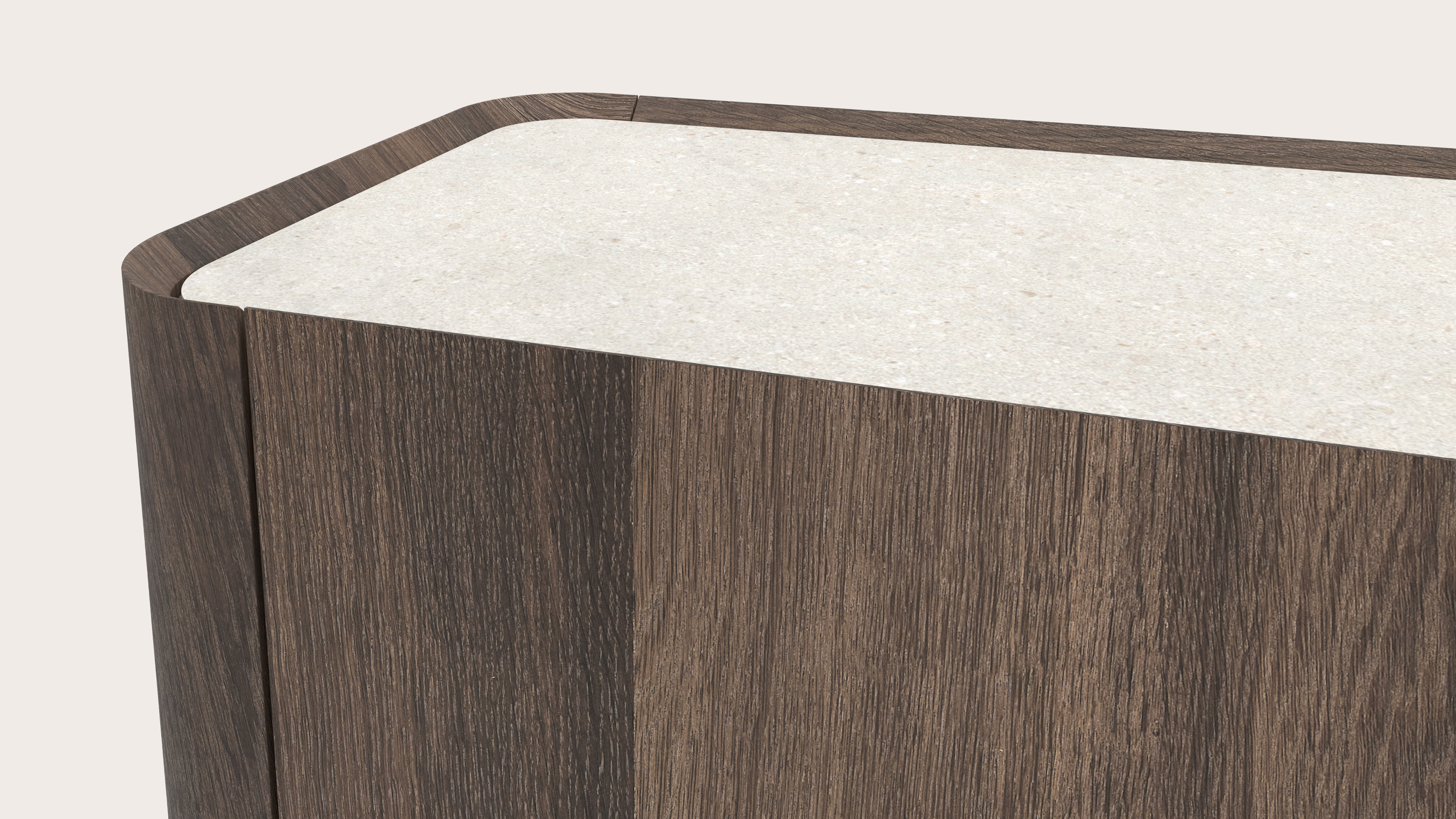 Curvato dressoir in gerookte eik met ronde houten poten met volkeramisch Ceramo blad in kleur Shilin 219 x 45 x 76 cm
