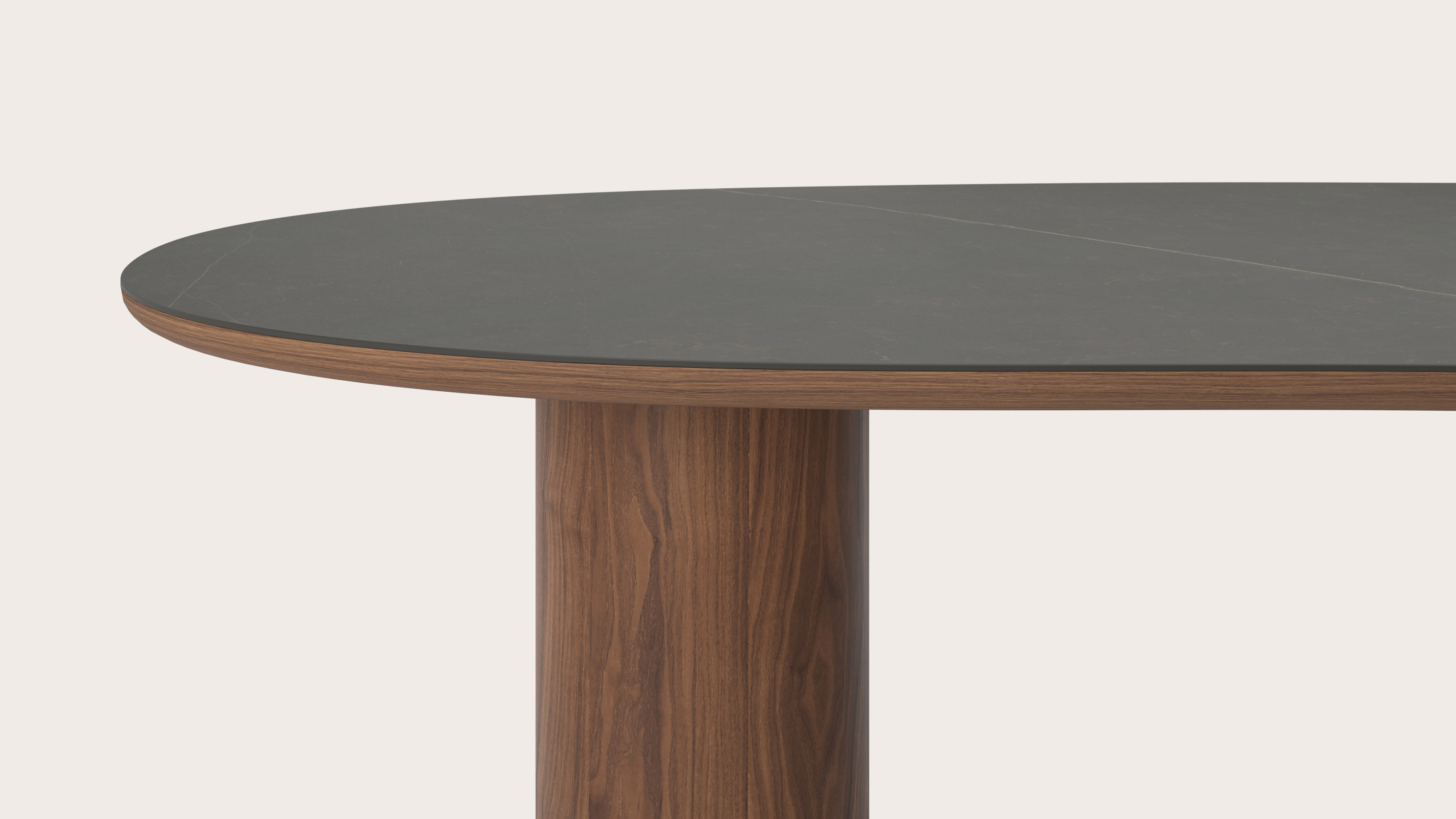 Eettafel Amato Rondo onderstel in walnoot met Blobvormig volkeramisch Ceramo blad in kleur Calatorao 300 x 122 x 77 cm