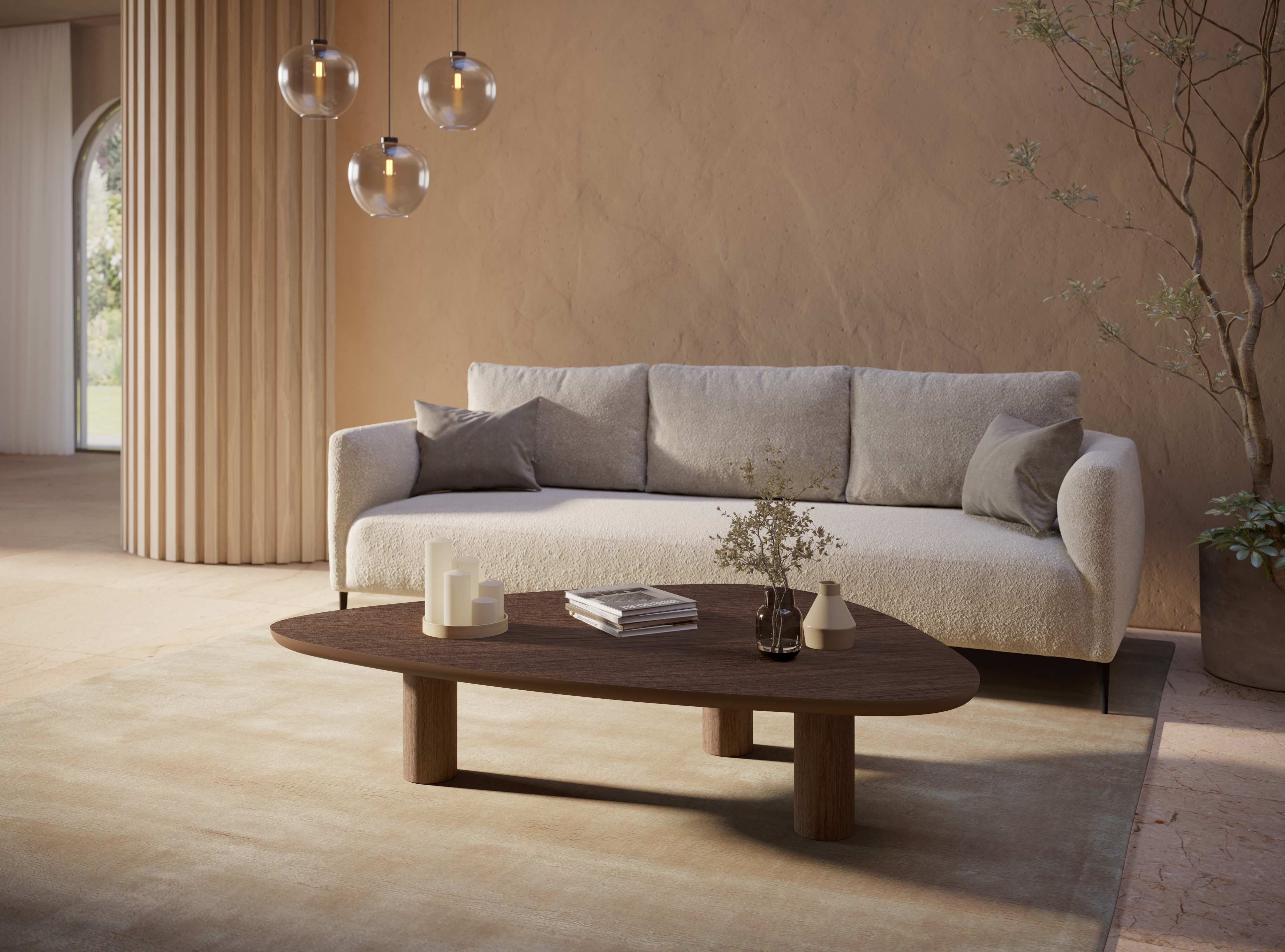 Salontafel Amato XSmall Rondo onderstel met plectrumvormig Amato blad in walnoot 140 x 115 x 34 cm