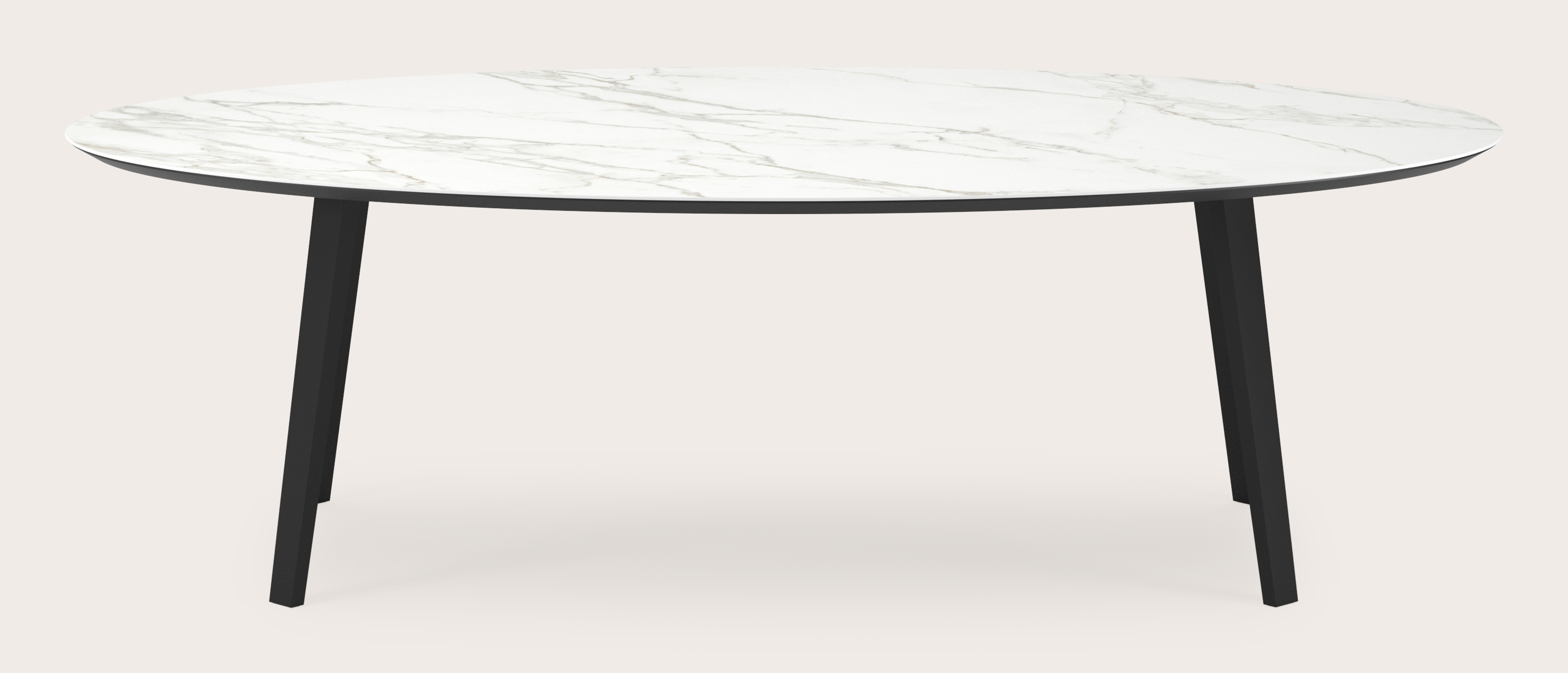 Eettafel Clino onderstel in zwart metaal met ovaal volkeramisch Ceramo blad in kleur Calacatta 260 x 130 x 77 cm