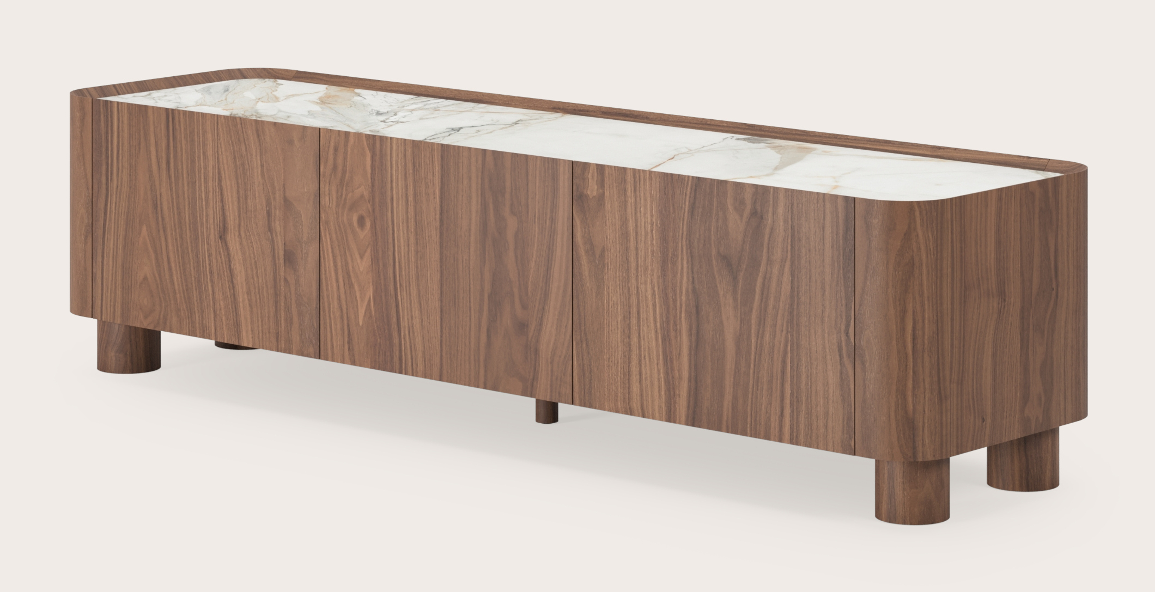 Meuble tv Curvato en noyer avec pieds ronds en bois avec plateau Ceramo en céramique en couleur Calacatta Luxe 169 x 45 x 44 cm
