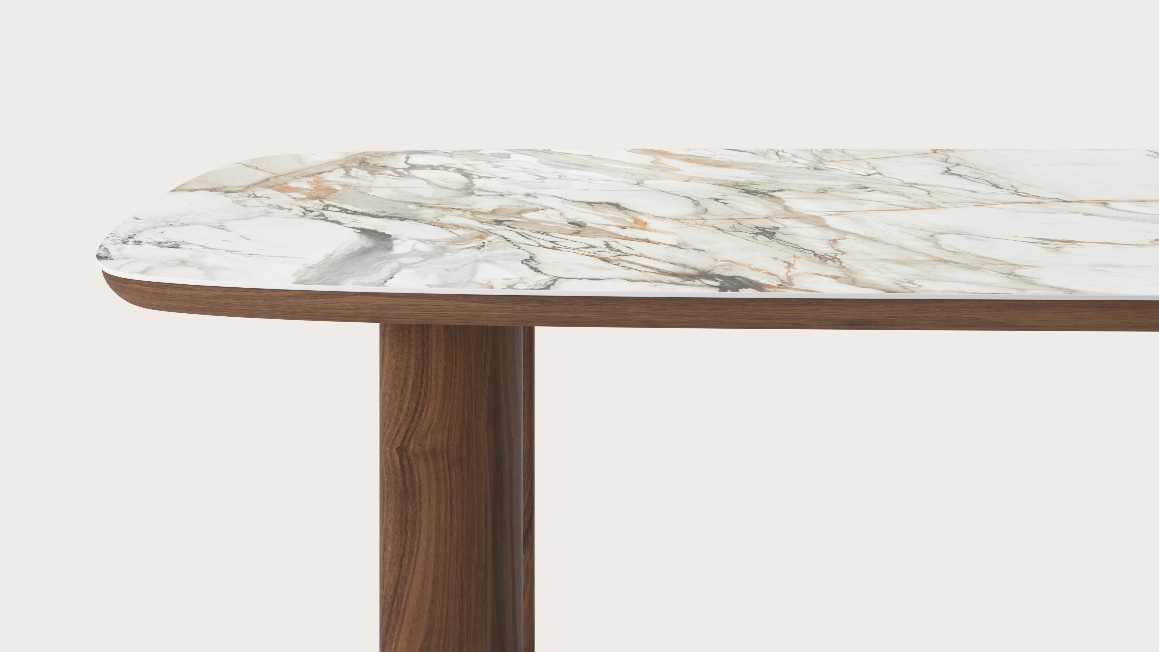 Table de salle à manger Amato Ellipso armature en noyer avec plateau Ceramo forme arrondie en céramique en couleur Calacatta Luxe 260 x 110 x 76 cm