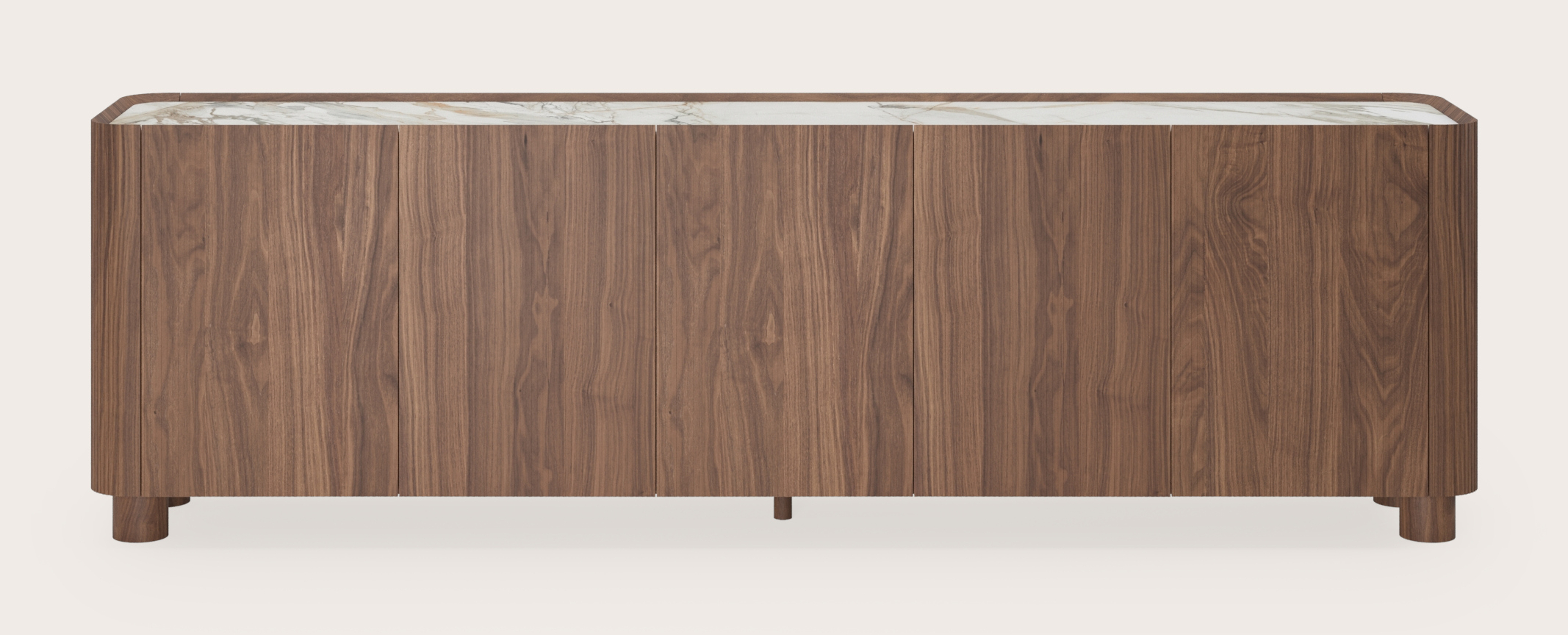 Buffet Grivato en noyer avec pieds ronds en bois avec plateau Ceramo en céramique en couleur Calacatta Luxe 249 x 45 x 76 cm