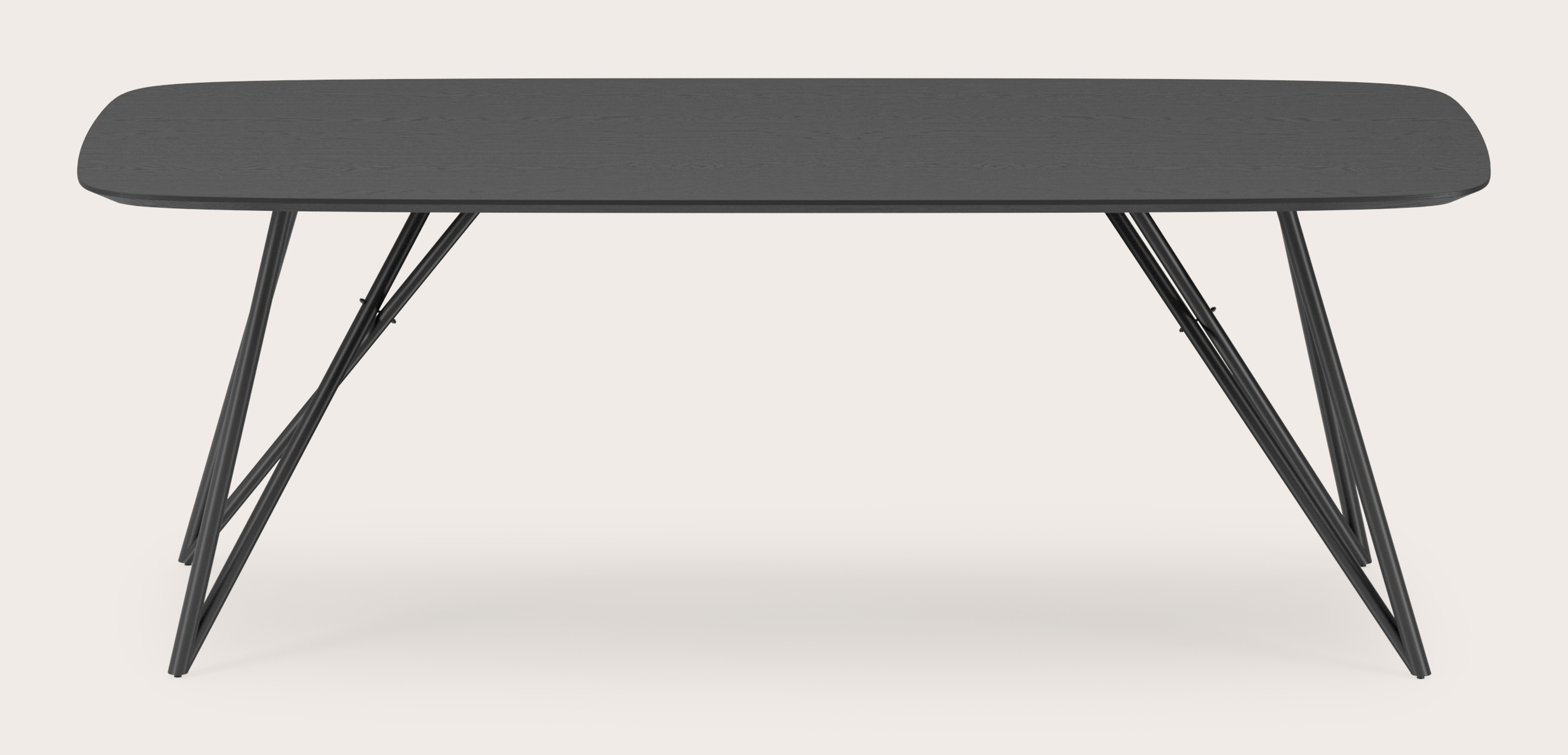 Table de salle à manger Ragno armature en métal noir avec plateau Finesso en forme arrondi en chêne noir 220 x 105 x 77 cm