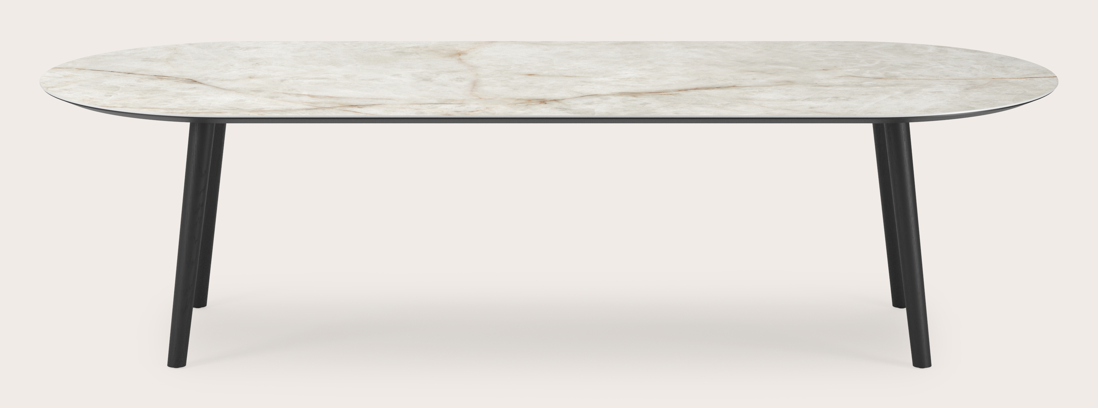 Eettafel Conico onderstel in zwarte eik met plat ovaal volkeramisch Ceramo blad in kleur Himalaya 300 x 120 x 77 cm