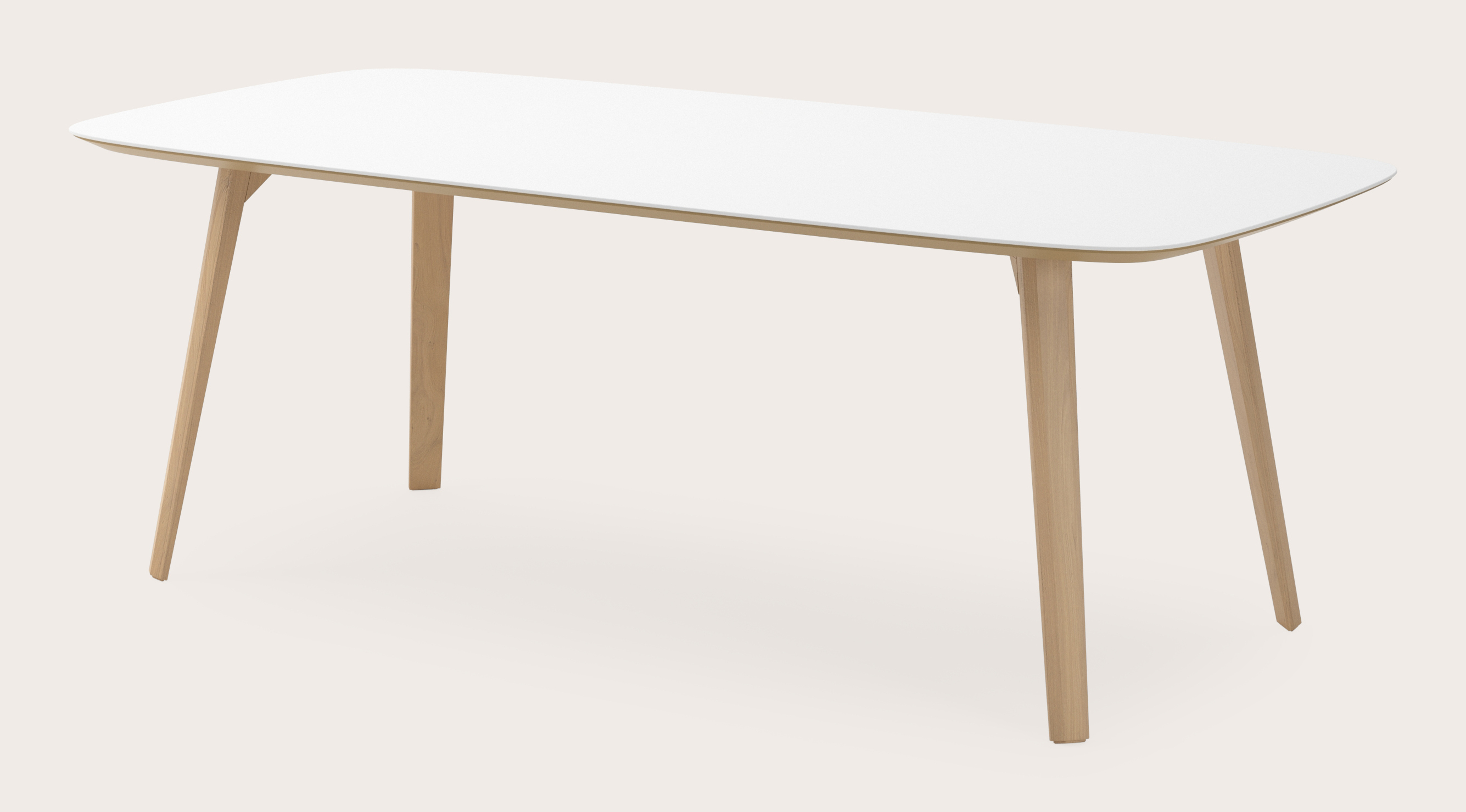 Eettafel Clino onderstel in natuurkleurige eik met bootvormig volkeramisch Ceramo blad in kleur Arctic White 220 x 105 x 77 cm