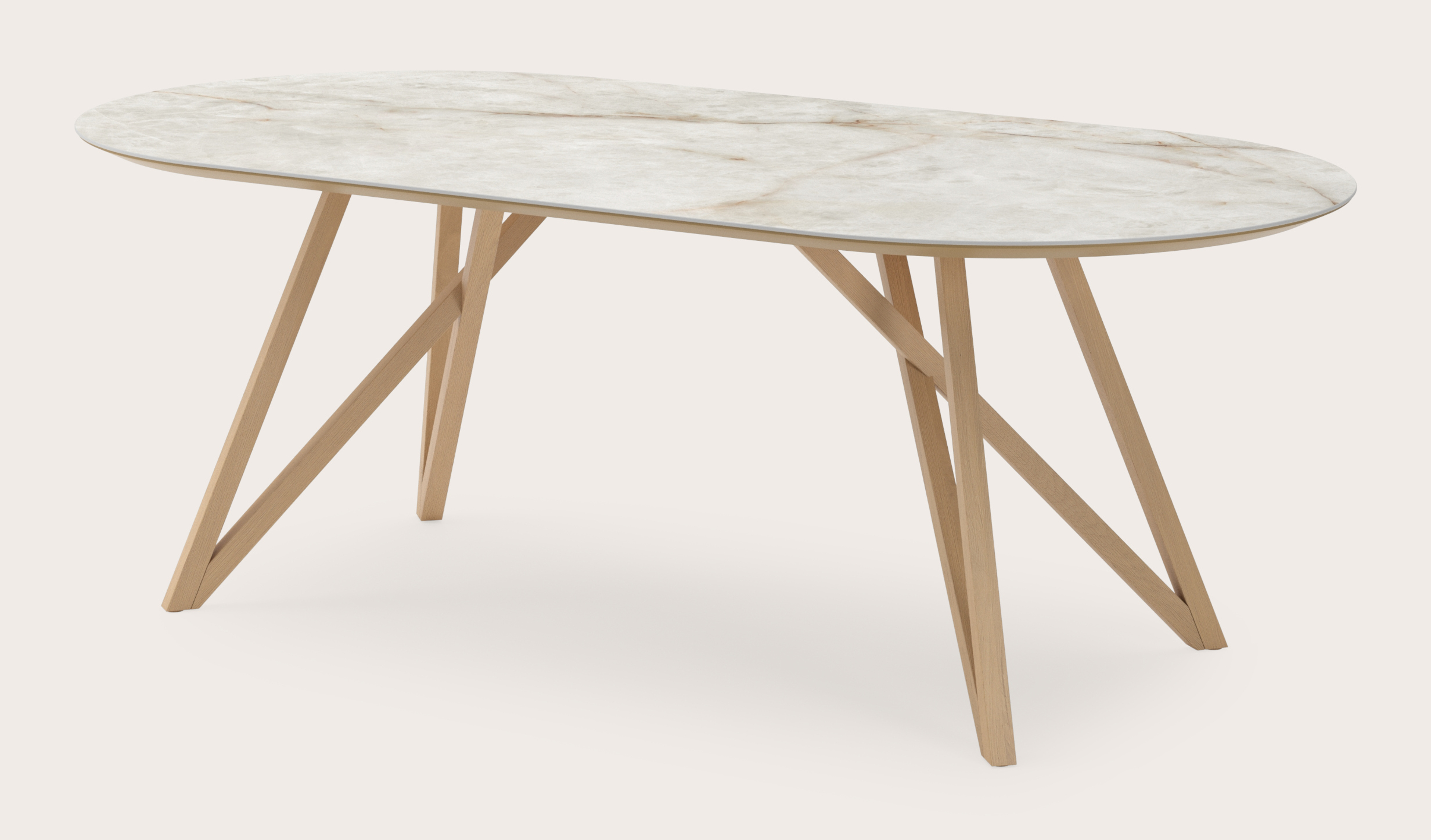 Table de salle à manger Ragno armature en chêne couleur naturelle avec plateau Ceramo ovale plat en céramique en couleur Himalaya 220 x 110 x 77 cm
