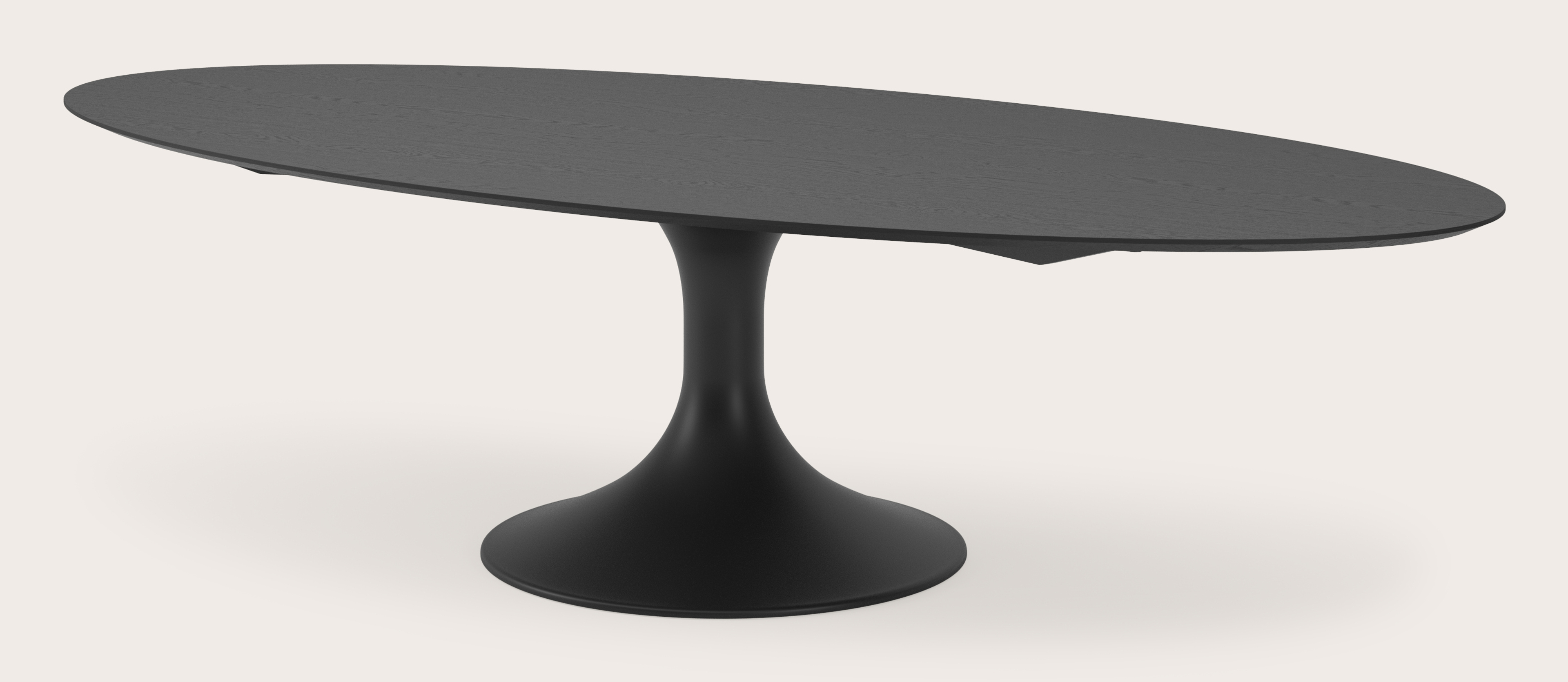 Eettafel Tulipo onderstel in zwart metaal met ovaal Finesso blad in zwarte eik 300 x 140 x 76.80 cm