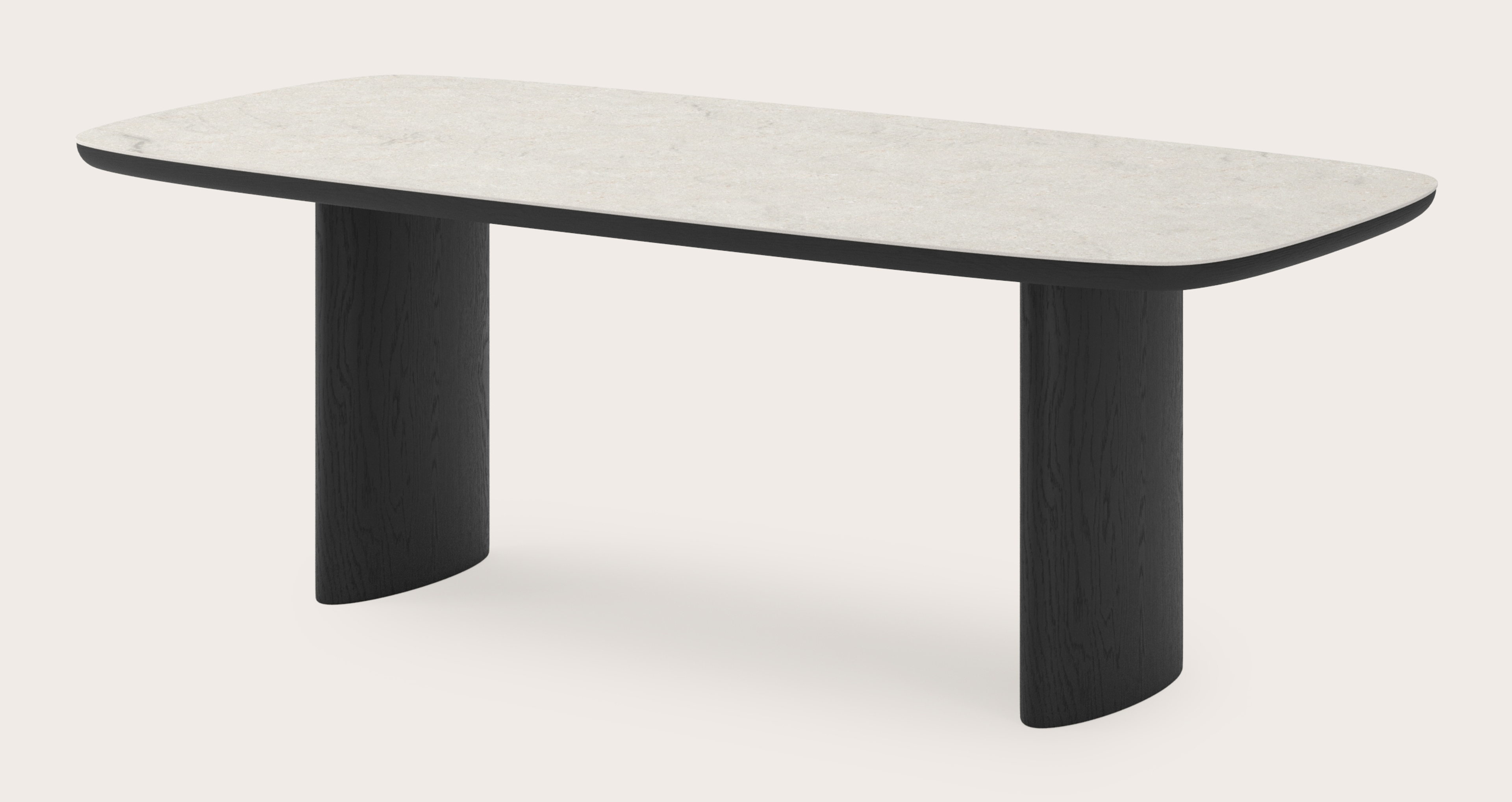 Eettafel Amato Ellipso onderstel in zwarte eik met bootvormig volkeramisch Ceramo blad in kleur Shilin 220 x 105 x 76 cm