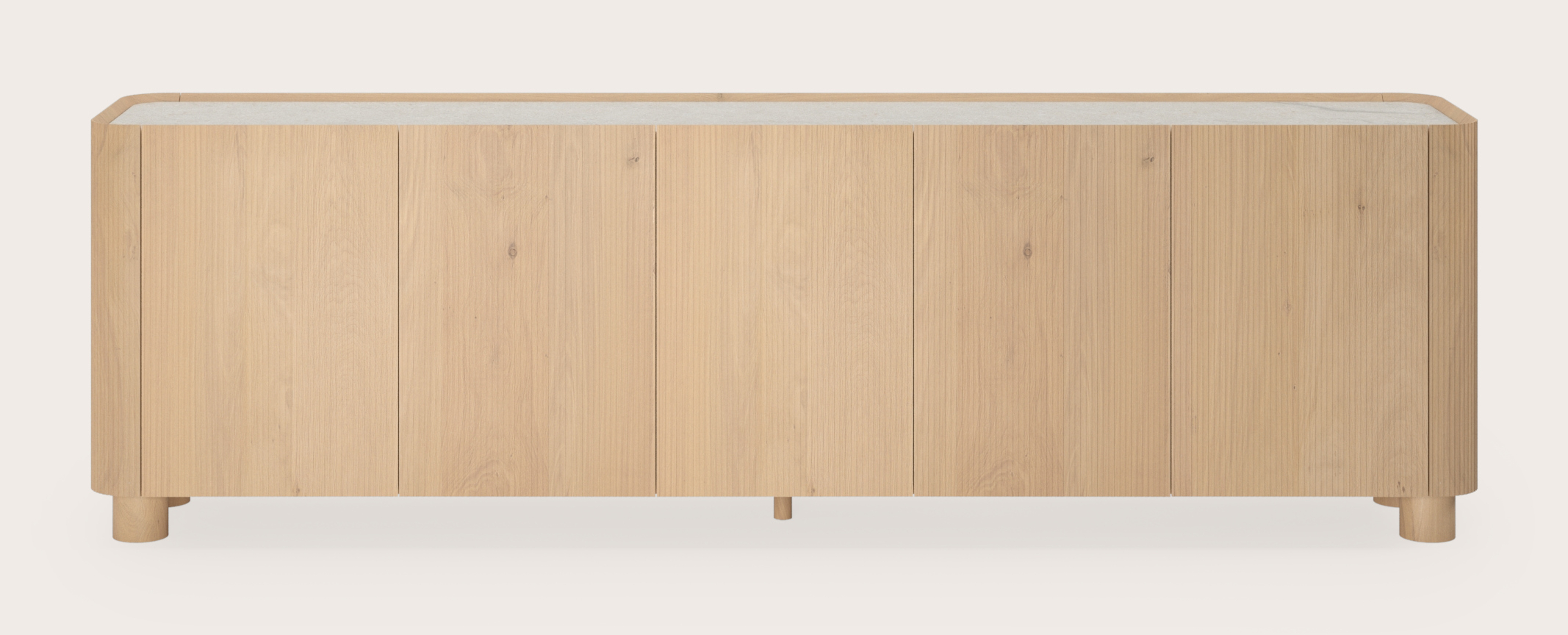 Grivato dressoir in natuurkleurige eik met ronde houten poten met volkeramisch Ceramo blad in kleur Shilin 249 x 45 x 76 cm