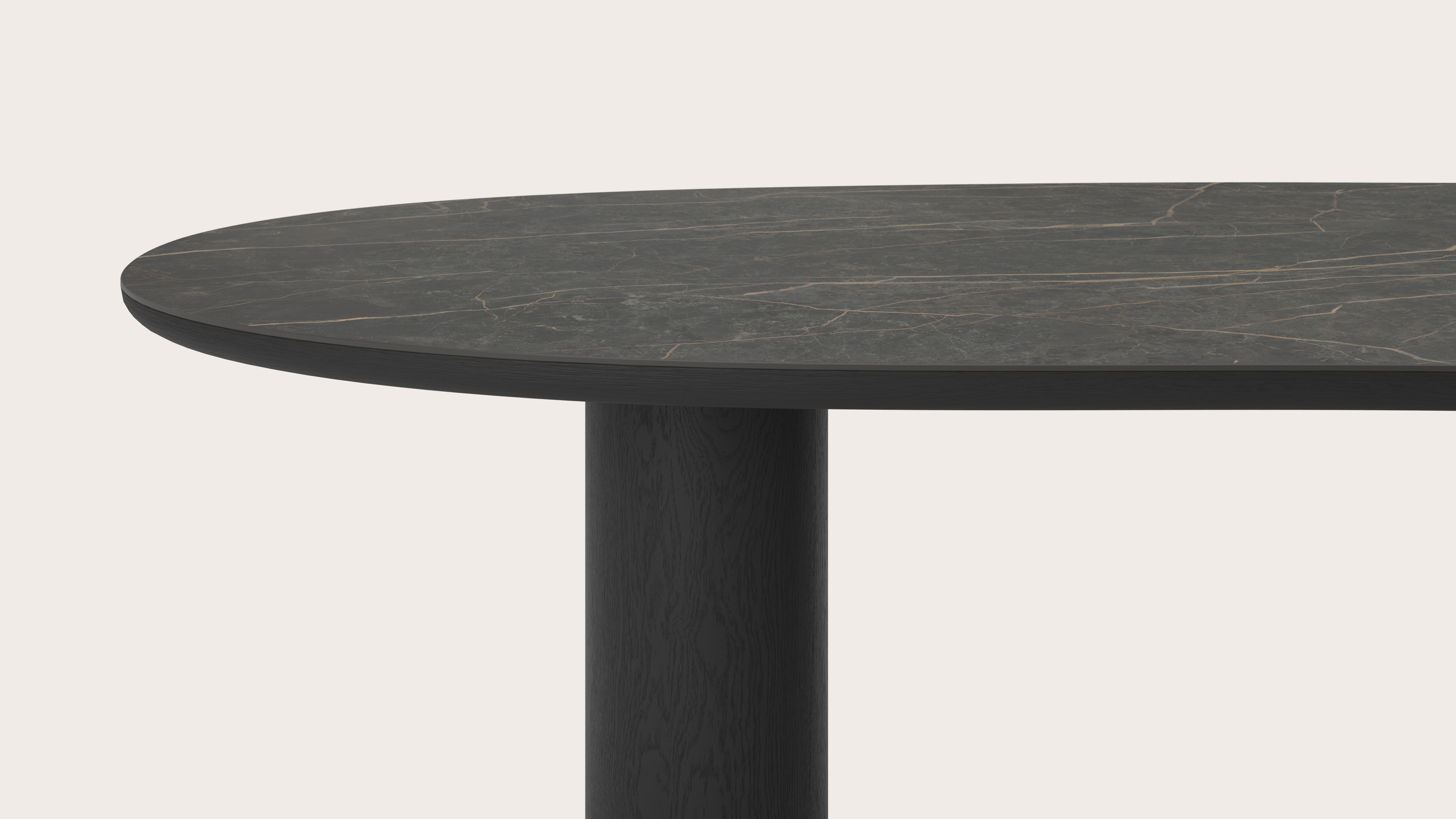 Table de salle à manger Amato Rondo armature en chêne noir avec plateau Ceramo forme blob en céramique en couleur Black Obsession 300 x 122 x 77 cm