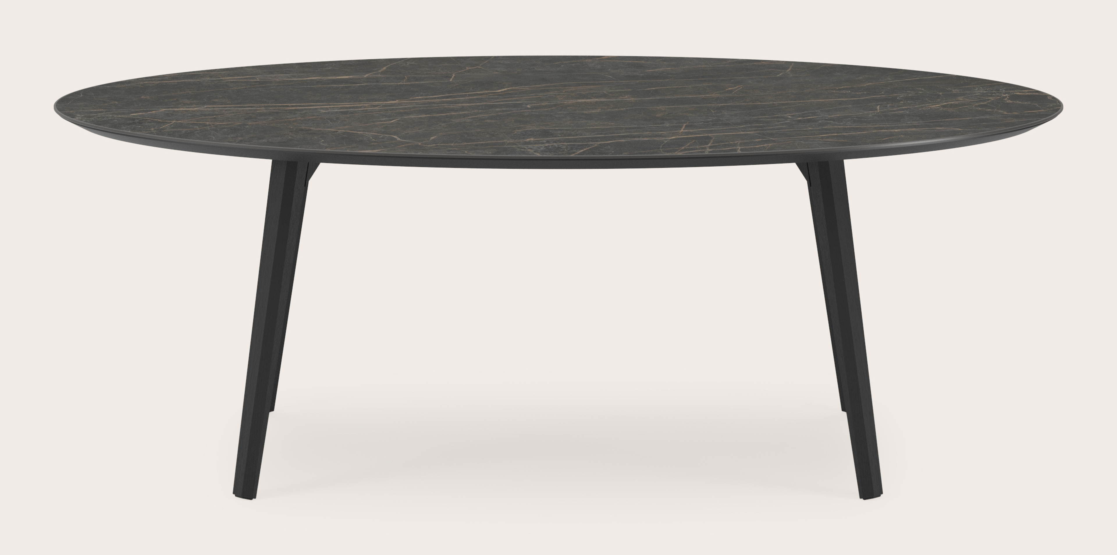 Eettafel Clino onderstel in zwarte eik met ovaal volkeramisch Ceramo blad in kleur Black Obsession 220 x 120 x 77 cm