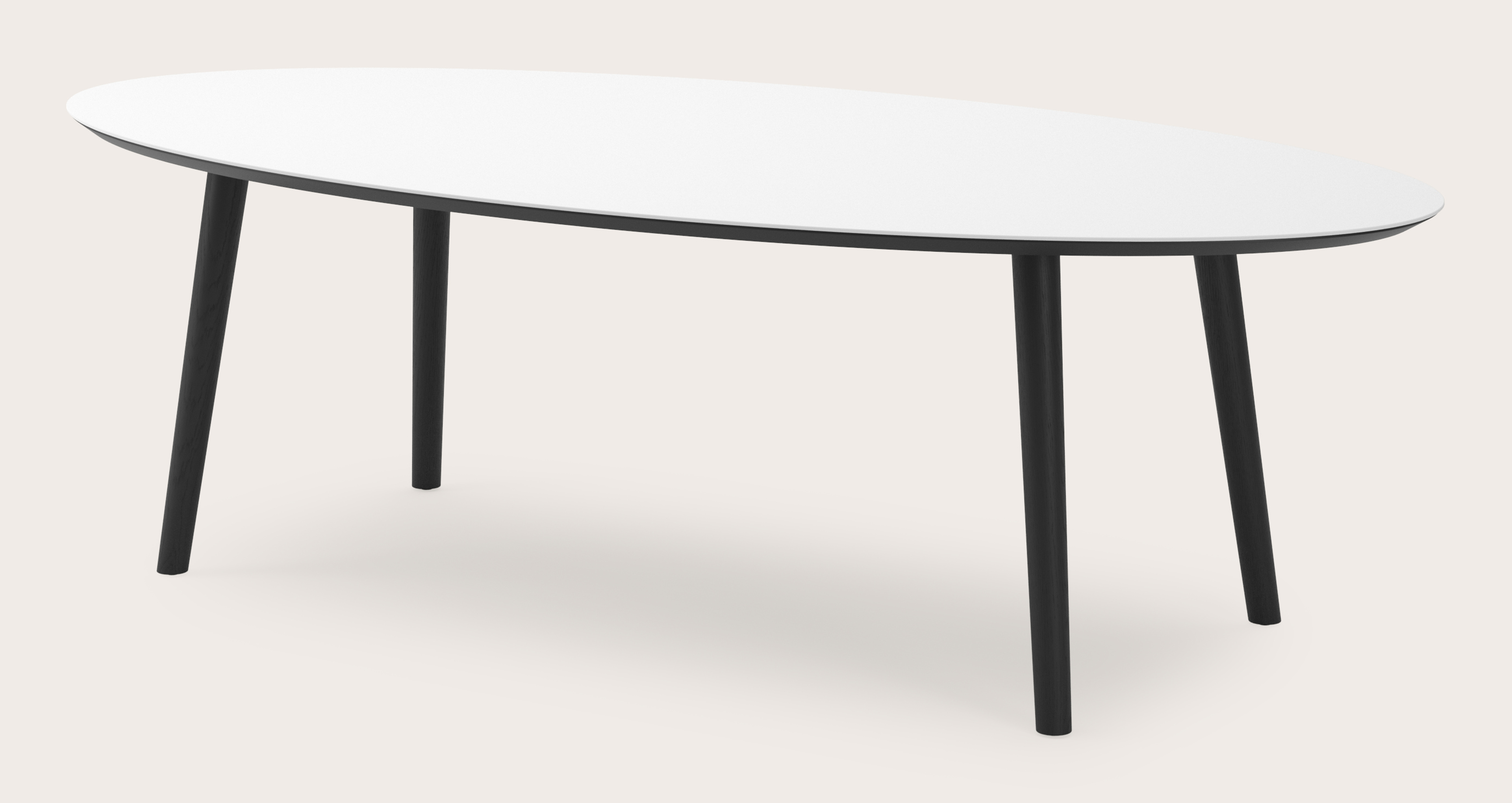 Eettafel Conico onderstel in zwarte eik met ovaal volkeramisch Ceramo blad in kleur Arctic White 260 x 130 x 76 cm