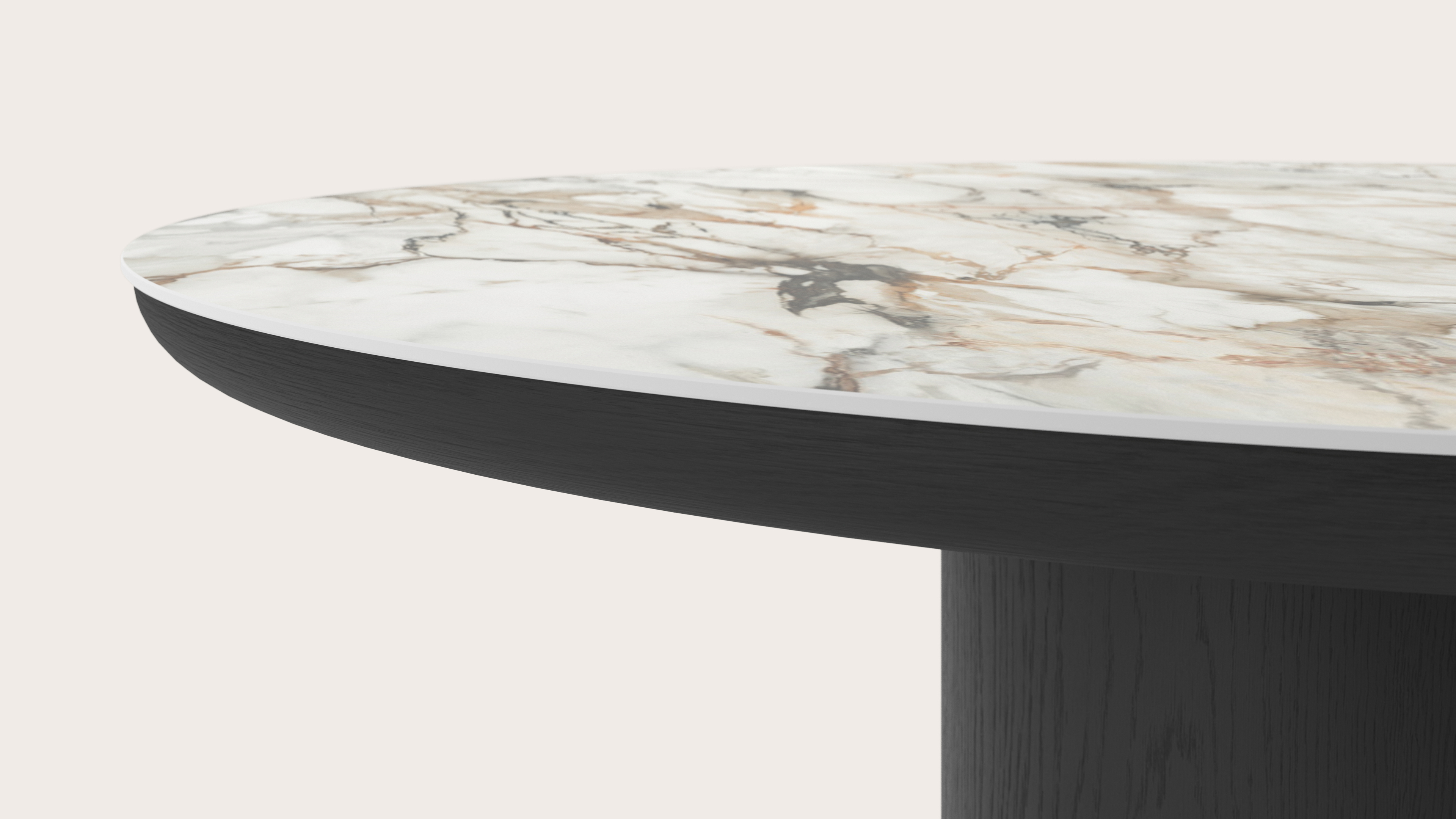 Table de salle à manger Amato Rondo armature en chêne noir avec plateau Ceramo rond en céramique en couleur Calacatta Luxe Ø130 x 76 cm