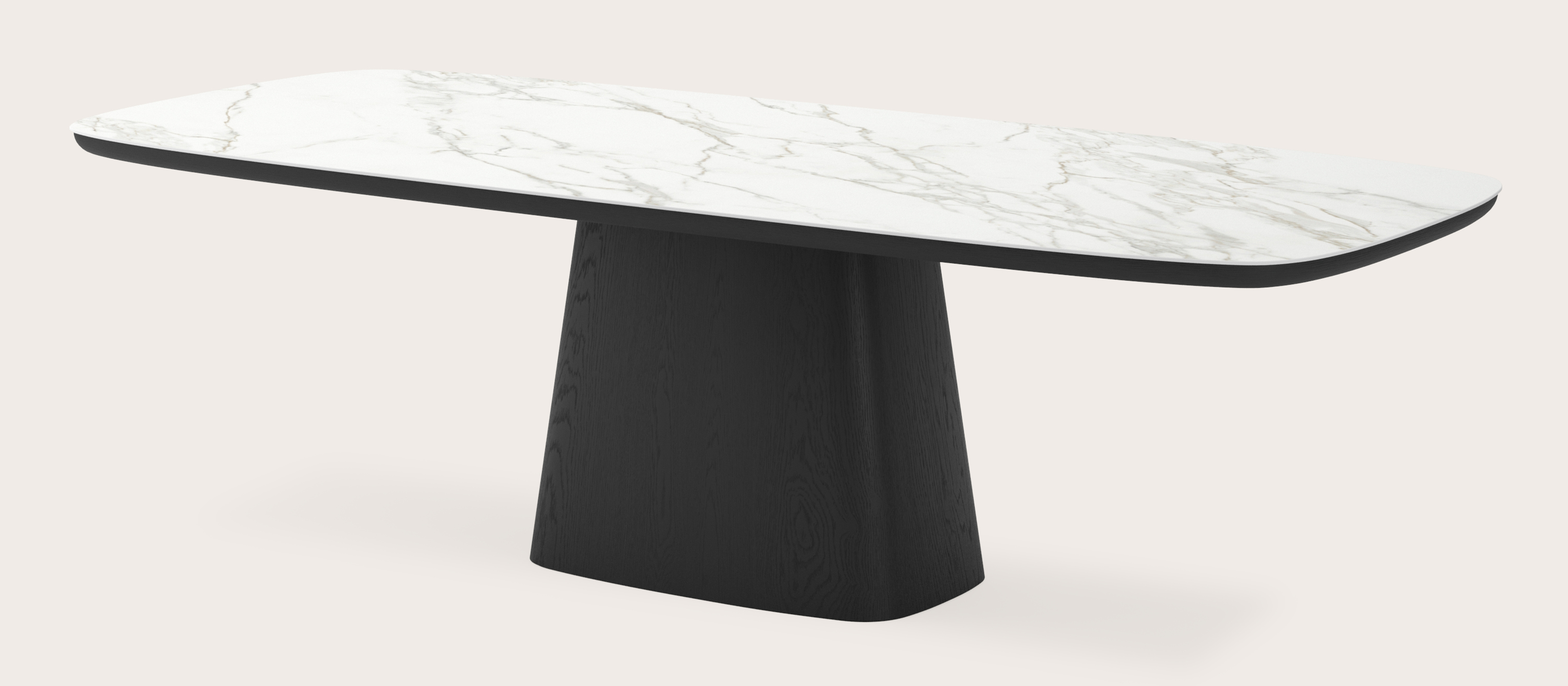 Eettafel Amato Cuadro onderstel in chêne noir avec plateau Ceramo forme arrondie en céramique en couleur Calacatta 260 x 110 x 77 cm