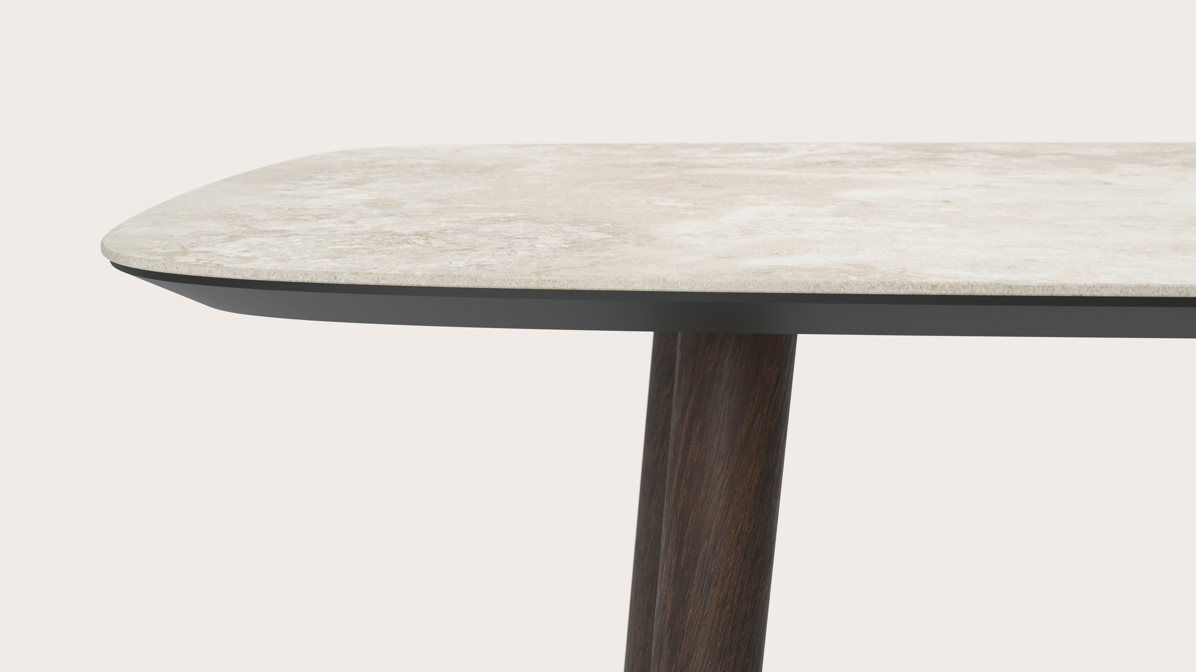 Table de salle à manger Conico armature en chêne fumé avec plateau Ceramo forme arrondie en céramique en couleur Rapolano 300 x 115 x 77 cm