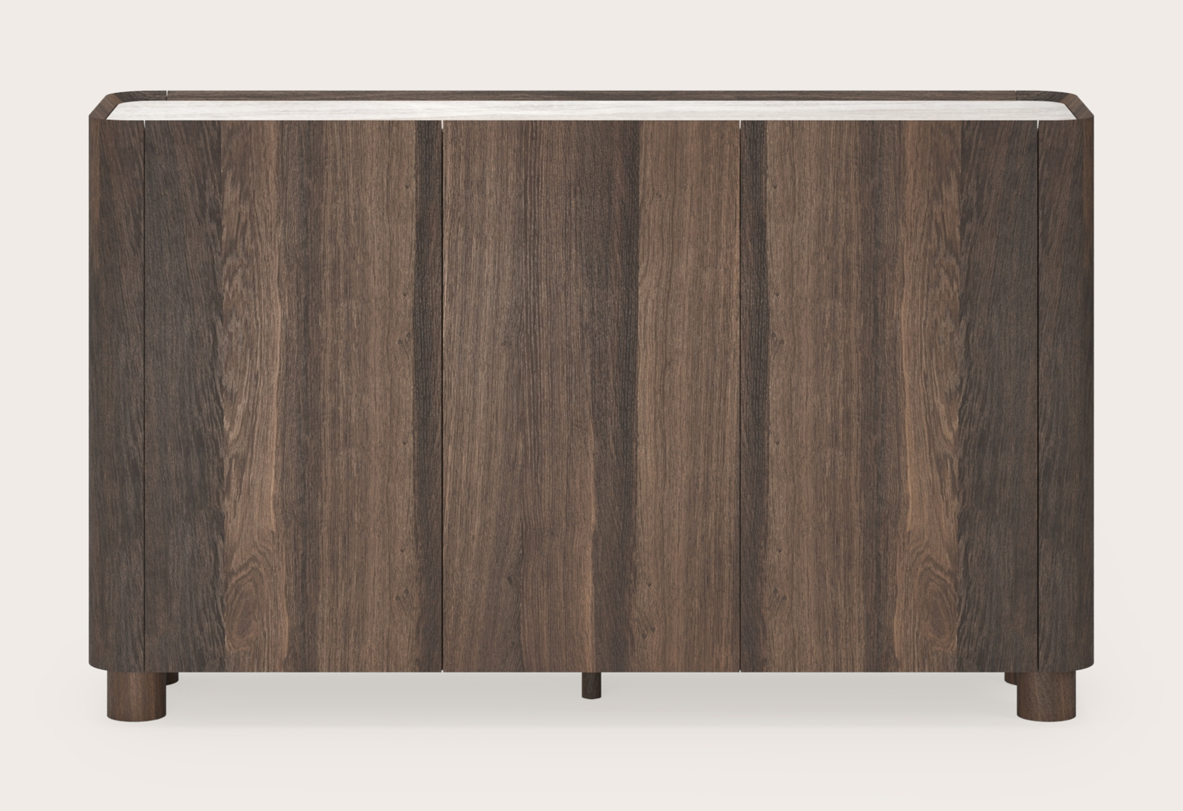 Curvato hoge dressoir in gerookte eik met ronde houten poten met volkeramisch Ceramo blad in kleur Taj Mahal 169 x 45 x 102 cm